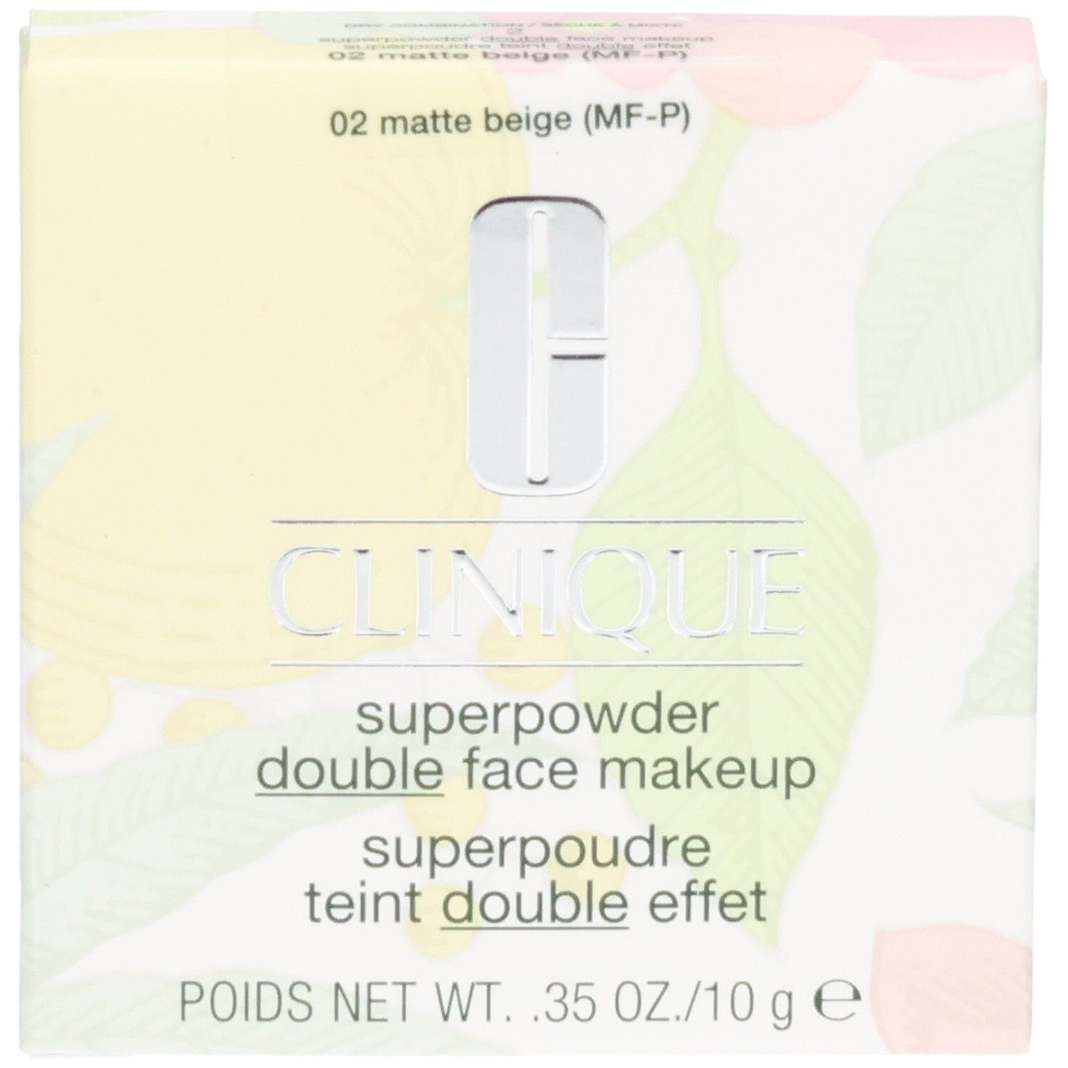 Clinique Superpowder Double Face Makeup, beige mat, en boîte. Texte: Clinique, Superpowder, double face makeup, superpoudre.