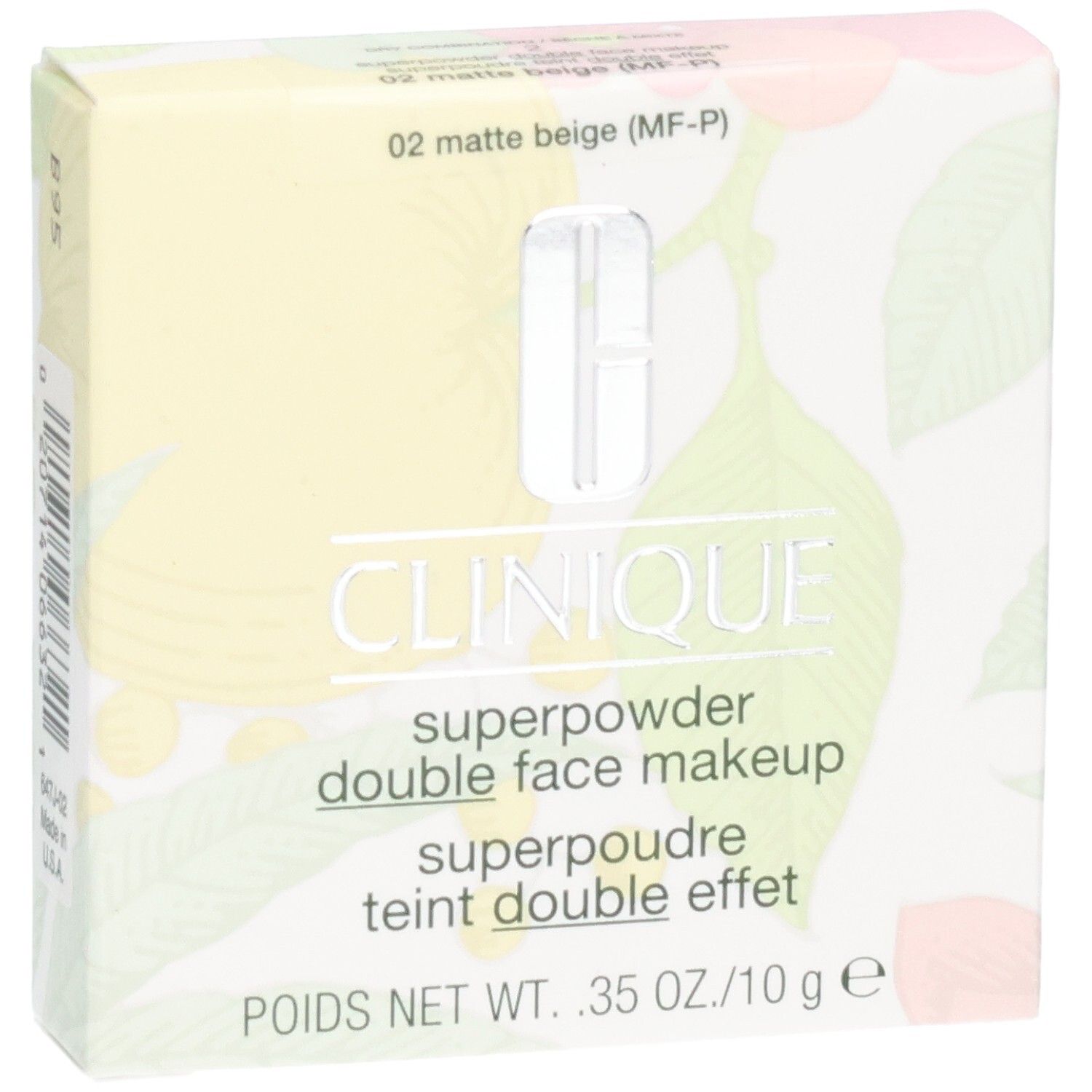Clinique Superpowder Double Face Makeup, beige mat, en boîte. Texte: Clinique, Superpowder, double face makeup, superpoudre.