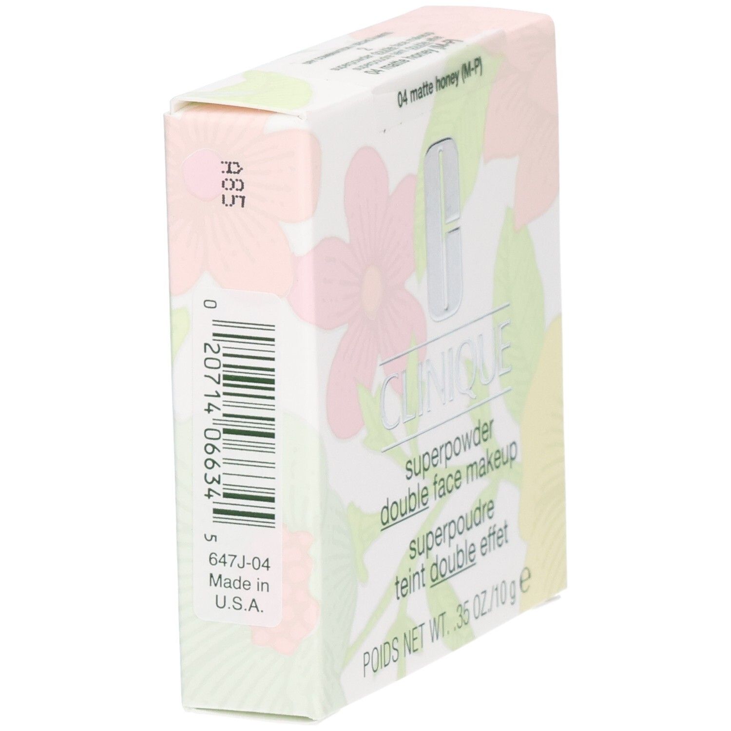 Clinique Superpowder Double Face Makeup. Vue latérale de l'emballage. Couleur: 04 matte honey. Poids net: 10g.