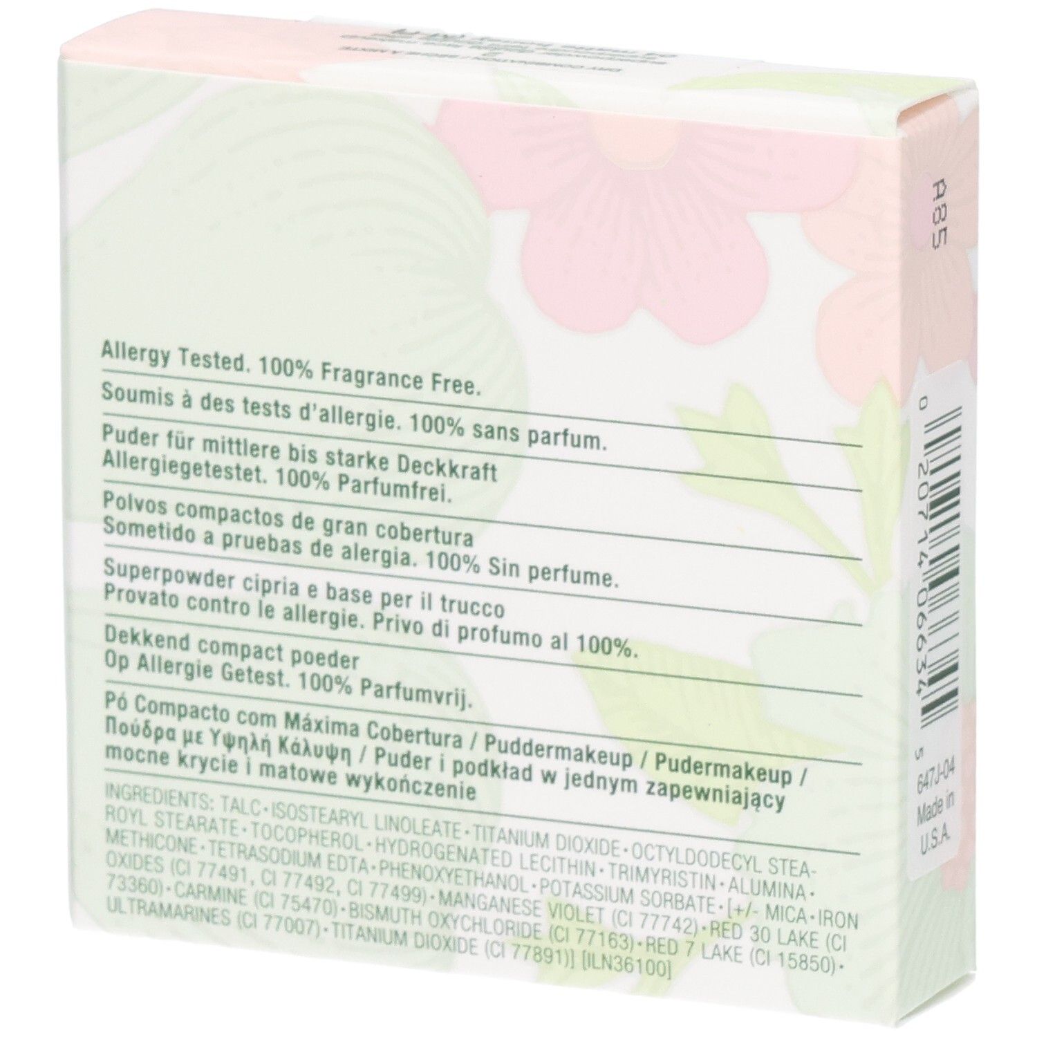 Dos de l'emballage Clinique Superpowder Double Face Makeup. Texte: Allergy Tested. 100% Fragrance Free.