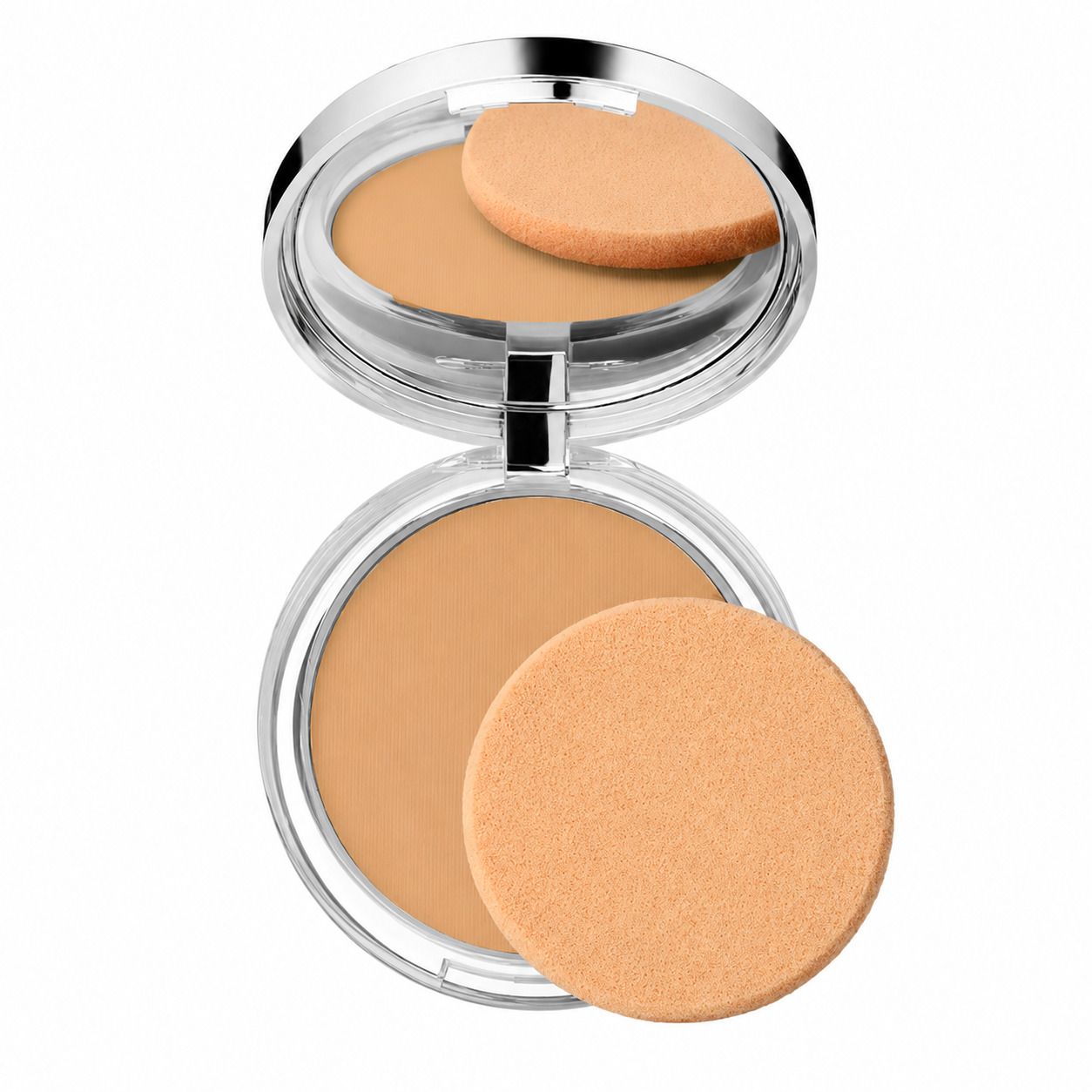 Poudre compacte Clinique, ouverte. Poudre et éponges. Miroir. Couleur: miel.