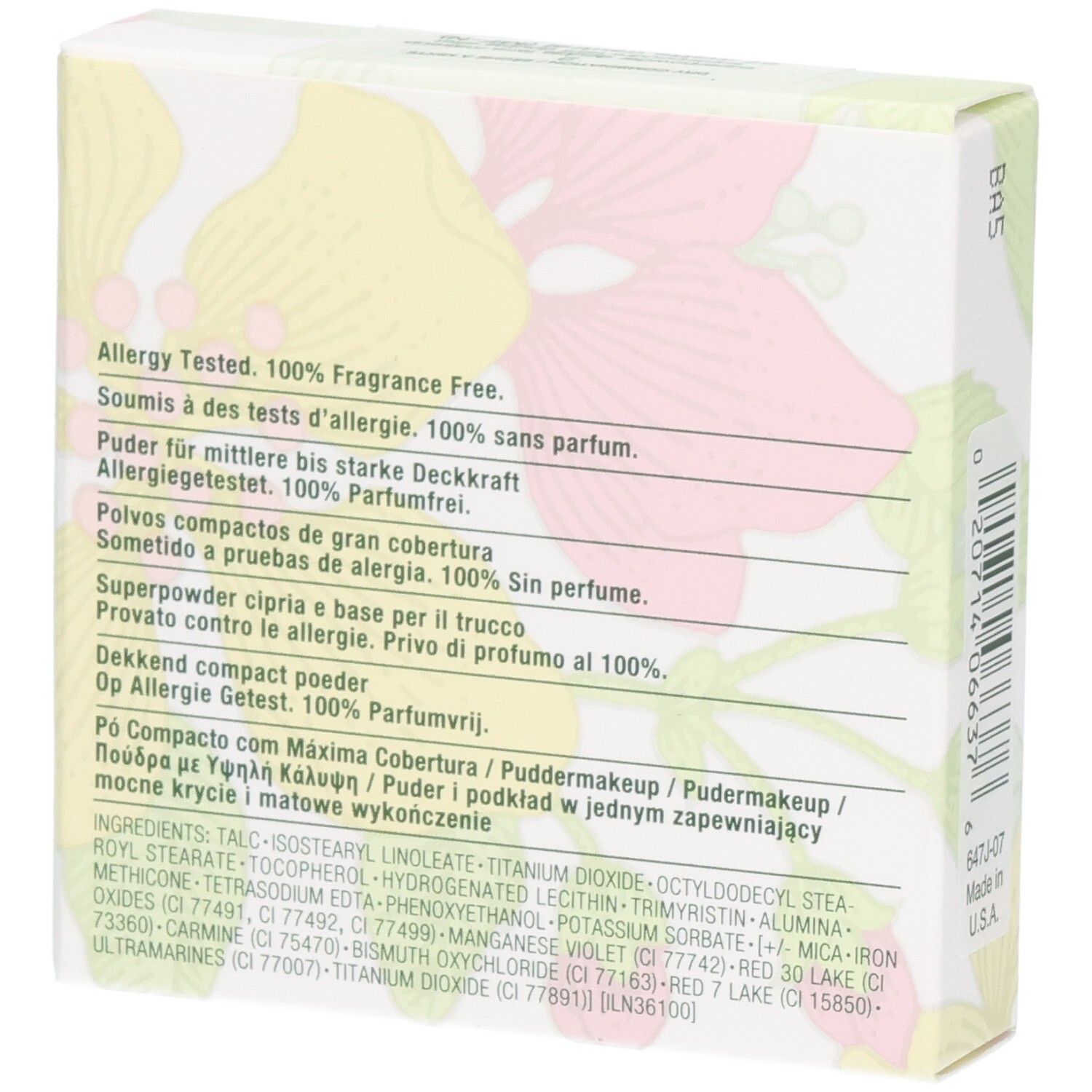Dos de l'emballage Clinique Superpowder Double Face Makeup. Ingrédients et texte multilingue.