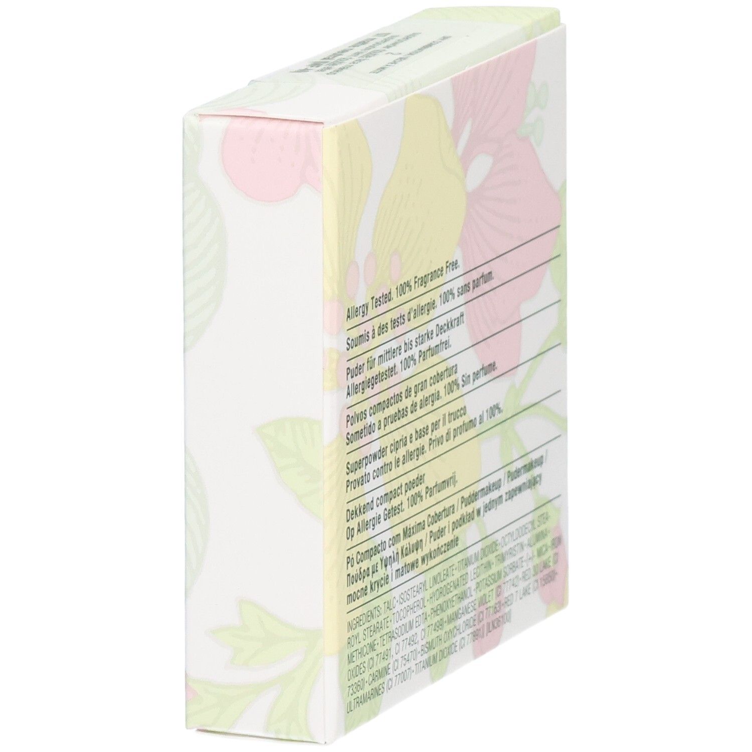 Emballage Clinique Superpowder Double Face Makeup. Motif floral. Texte multilingue.