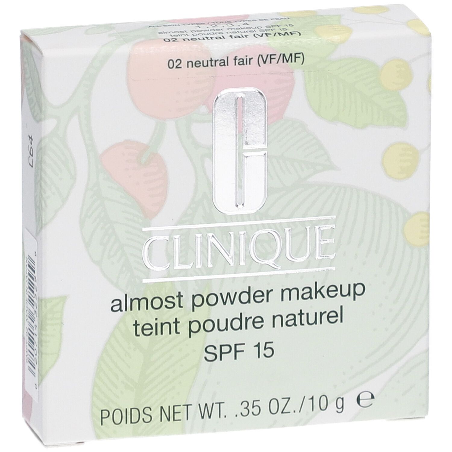 Clinique poeder-make-up doosje, "02 neutral fair", SPF 15, met barcode.