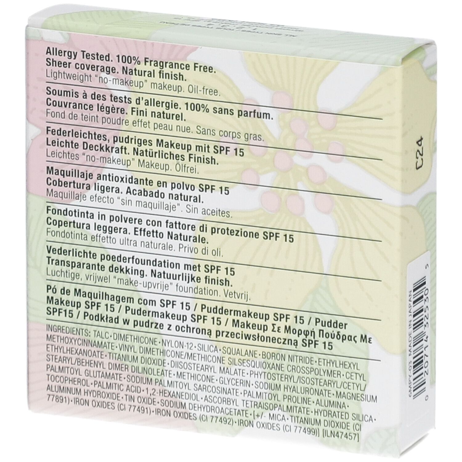 Achterkant van de Clinique Puder-Make-up doos met ingrediënten en talen.