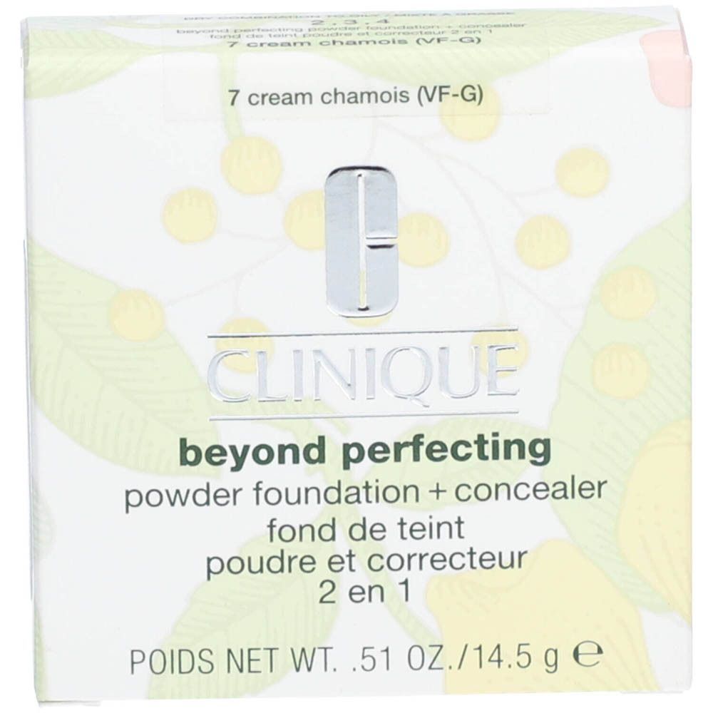 Verpakking van Clinique Beyond Perfecting poeder. Groen-wit design. Productnaam en merk zichtbaar.