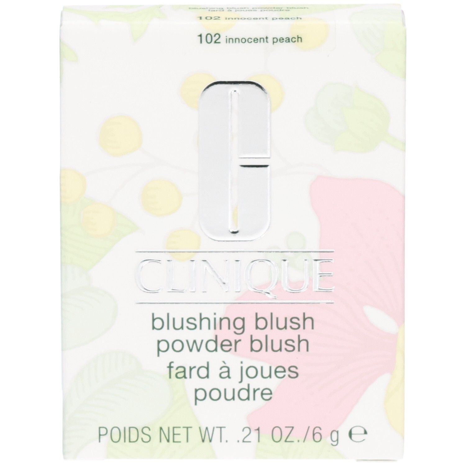 Boîte Clinique Blushing Blush, avant avec motif floral et informations produit. 6g.
