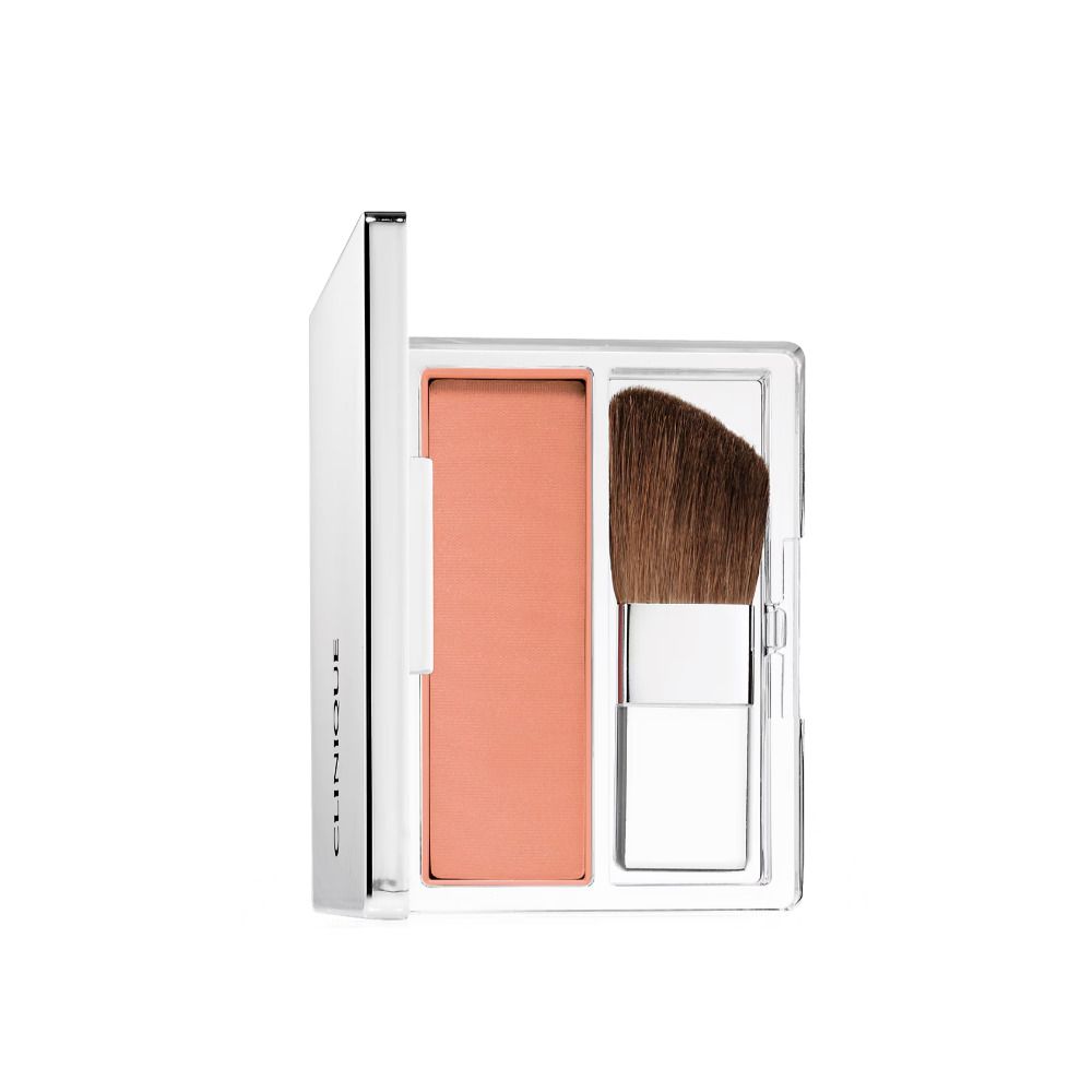 Geopend Clinique blush doosje, vak met blush en kwastje.