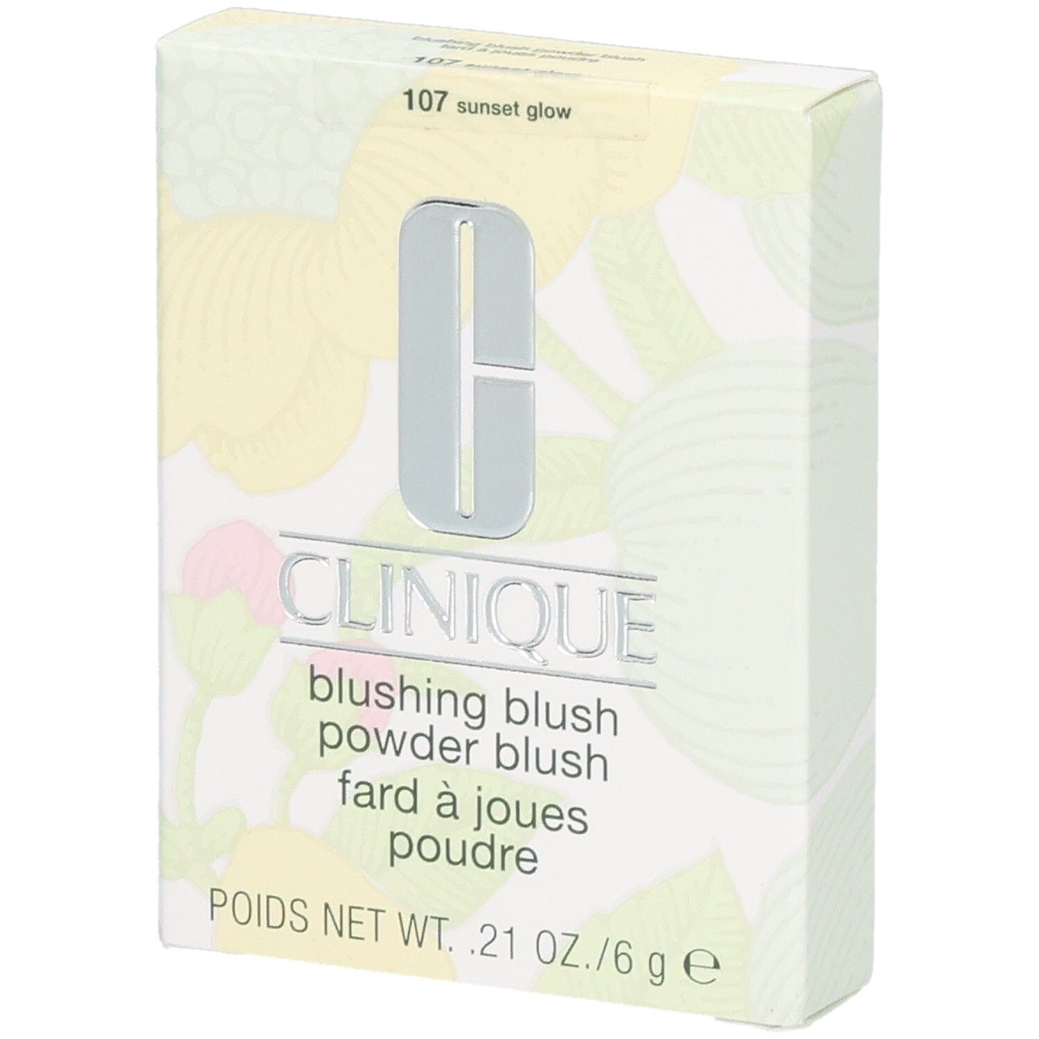 Kartonnen verpakking Clinique Blushing Blush. Logo en productnaam. Netto gewicht: .21 oz./6 g. Tint: 107 sunset glow.