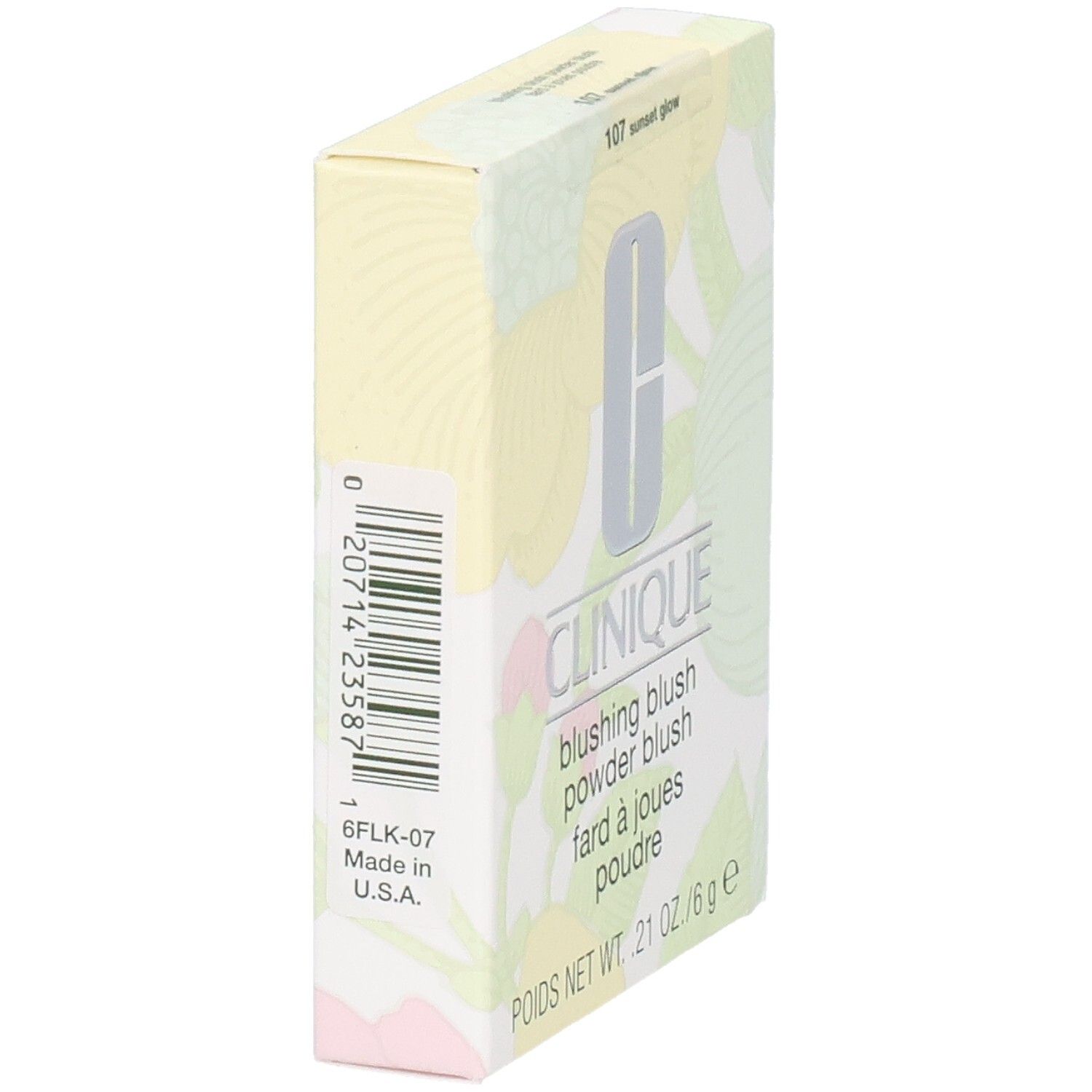 Kartonnen verpakking Clinique Blushing Blush. Logo, productnaam, tint 107 sunset glow. Streepjescode en land van herkomst.