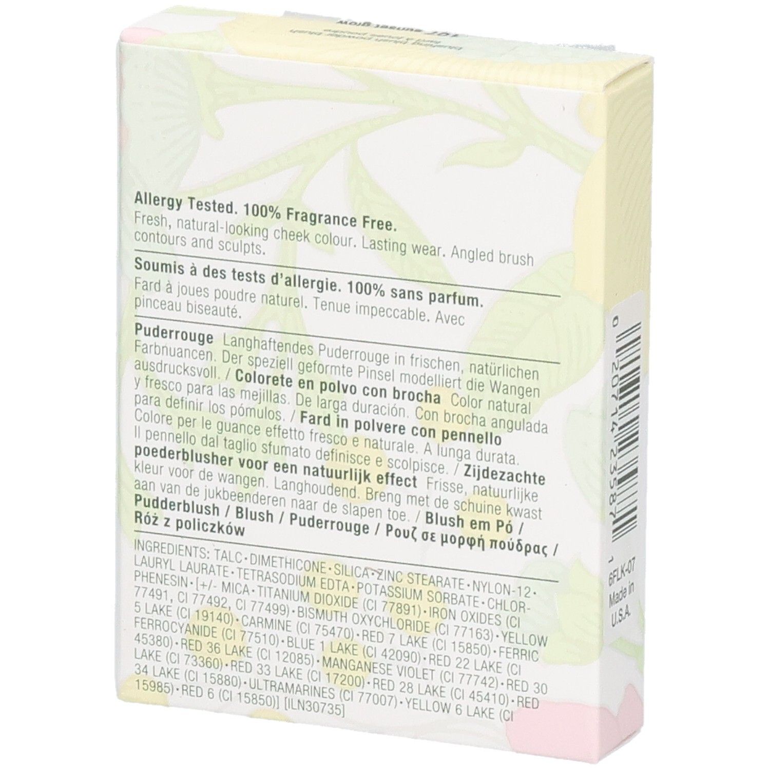 Achterkant van de kartonnen verpakking Clinique Blushing Blush. Meertalige tekst. Ingrediënten en tolerantie-informatie.
