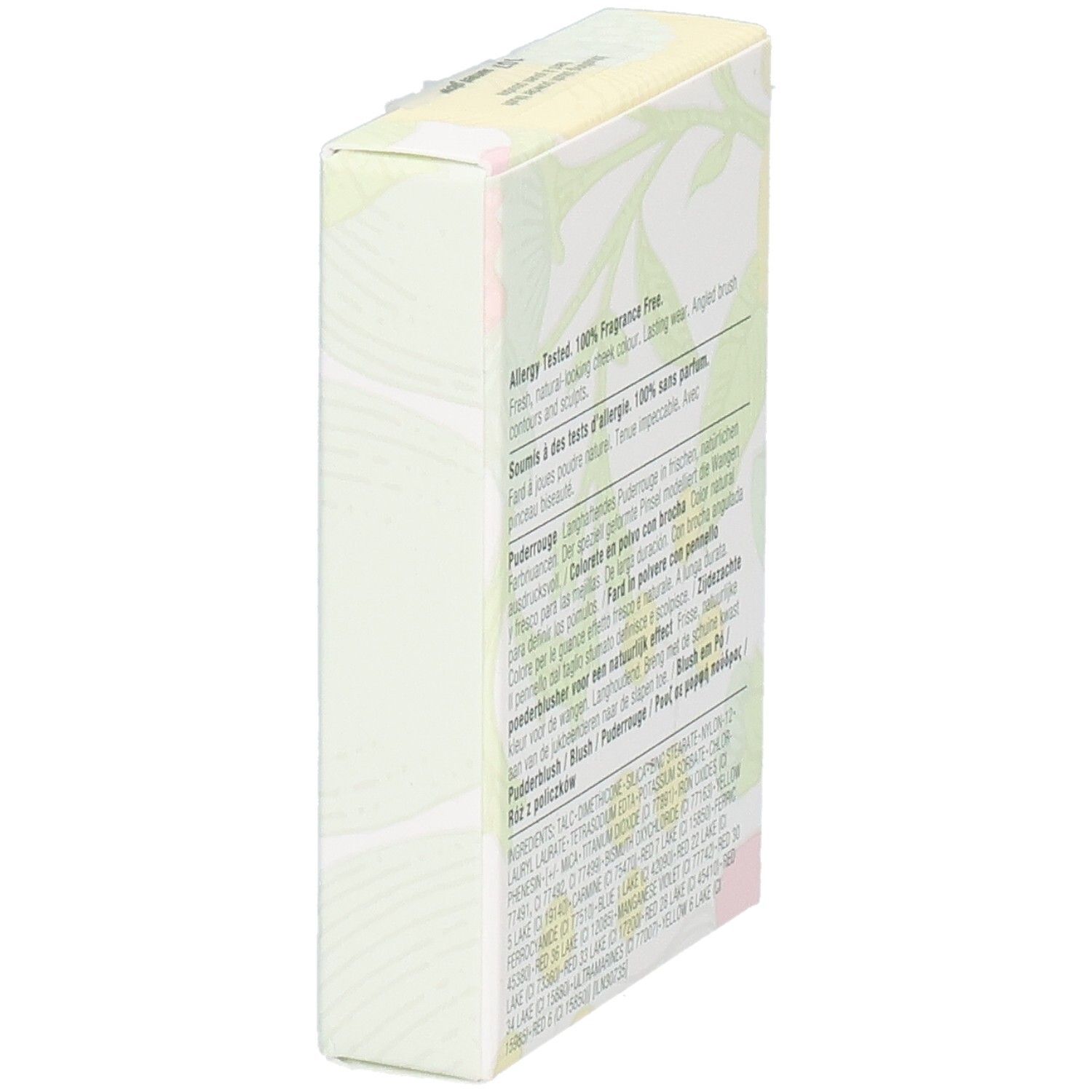 Zijaanzicht van de kartonnen verpakking Clinique Blushing Blush. Meertalige tekst. Tolerantie-informatie.