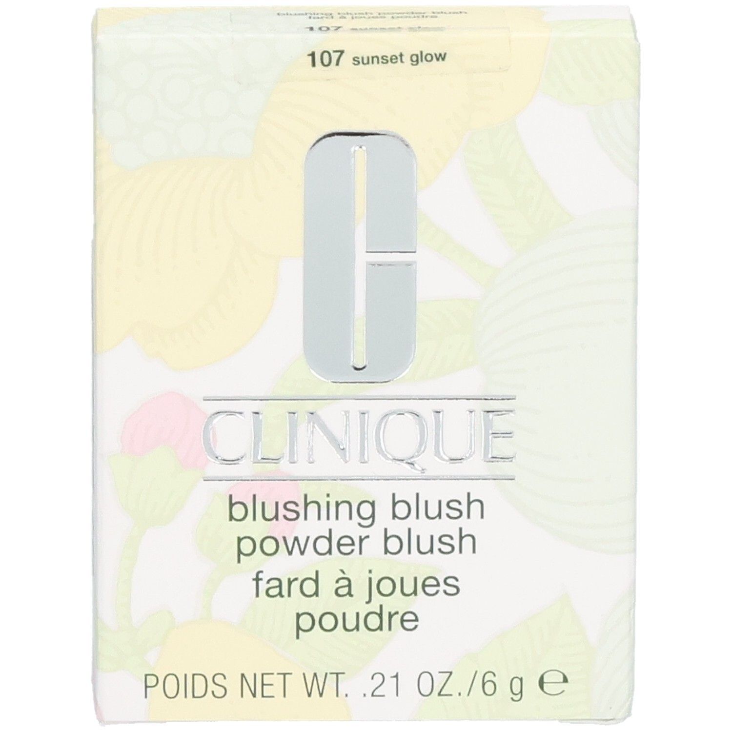 Kartonnen verpakking Clinique Blushing Blush. Logo, productnaam, tint 107 sunset glow. Netto gewicht: .21 oz./6 g.
