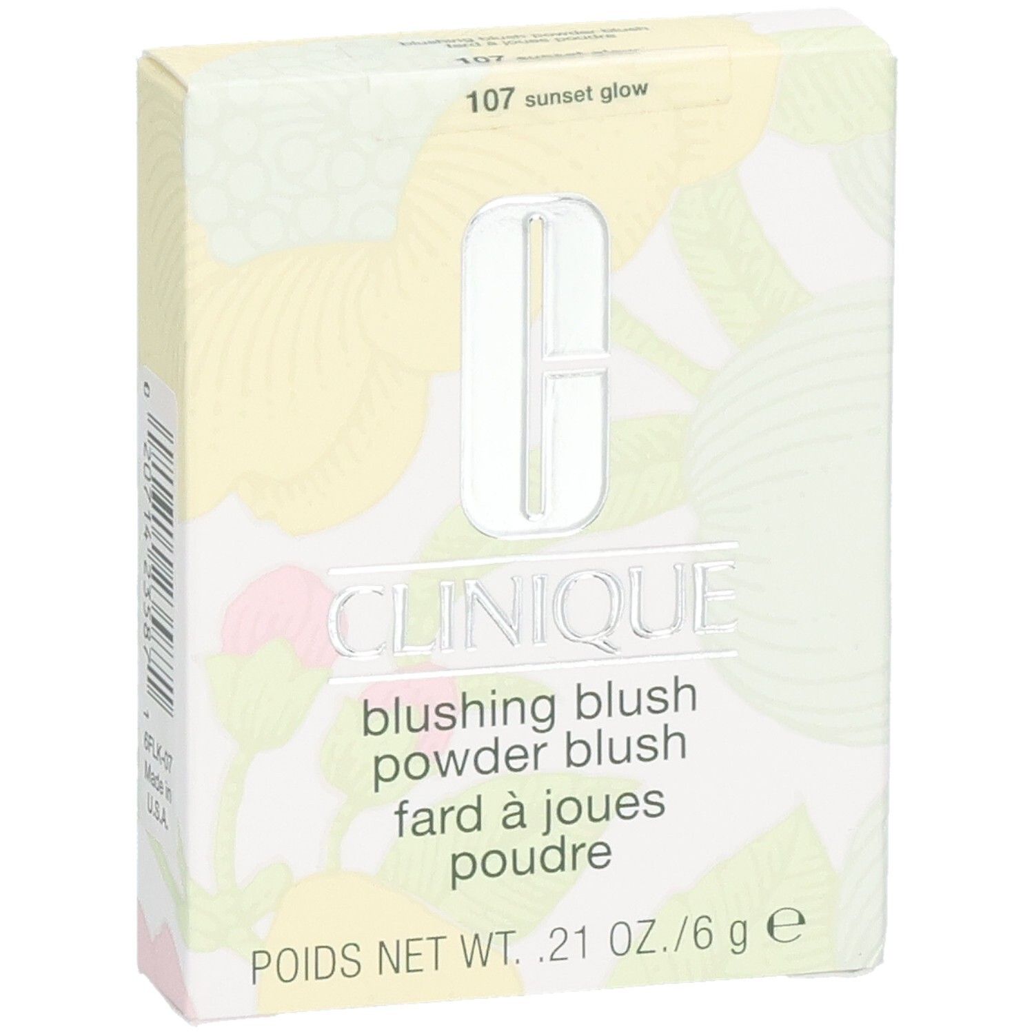 Kartonnen verpakking Clinique Blushing Blush. Logo, productnaam, tint 107 sunset glow. Netto gewicht: .21 oz./6 g.