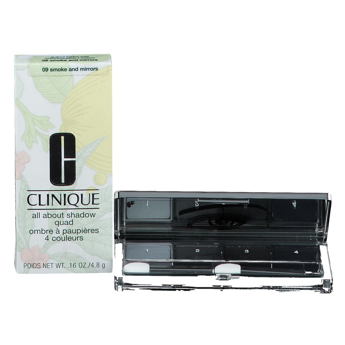 Palette CLINIQUE All About Shadow Quad. Quatre fards à paupières dans un étui transparent. Avec applicateurs et emballage.