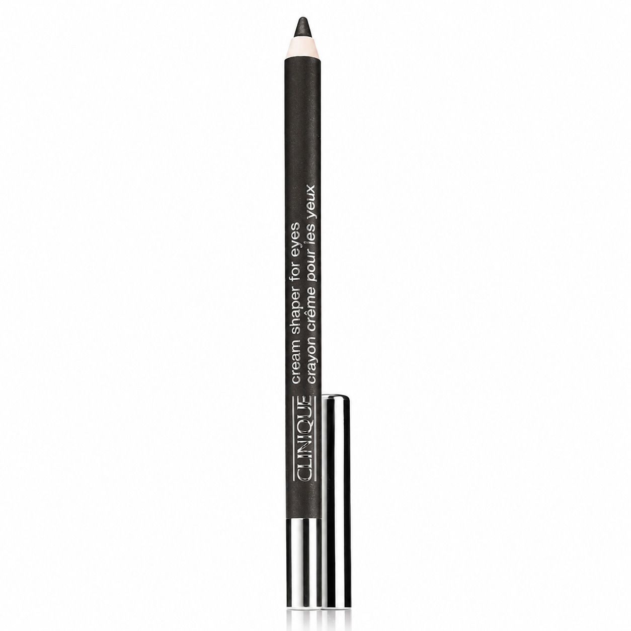 Zwarte oogpotlood met zilveren dop. Opschrift: Clinique, cream shaper for eyes, crayon crème pour les yeux.