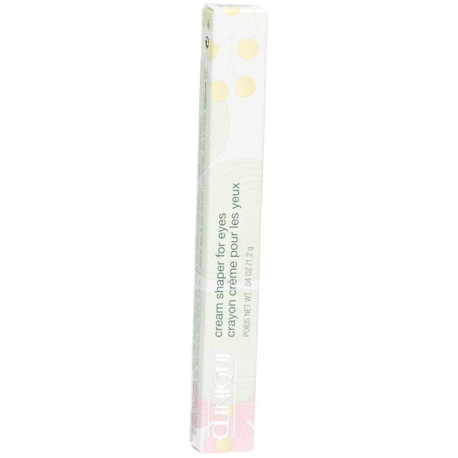 Emballage Clinique Cream Shaper for Eyes, long, blanc avec motif floral.