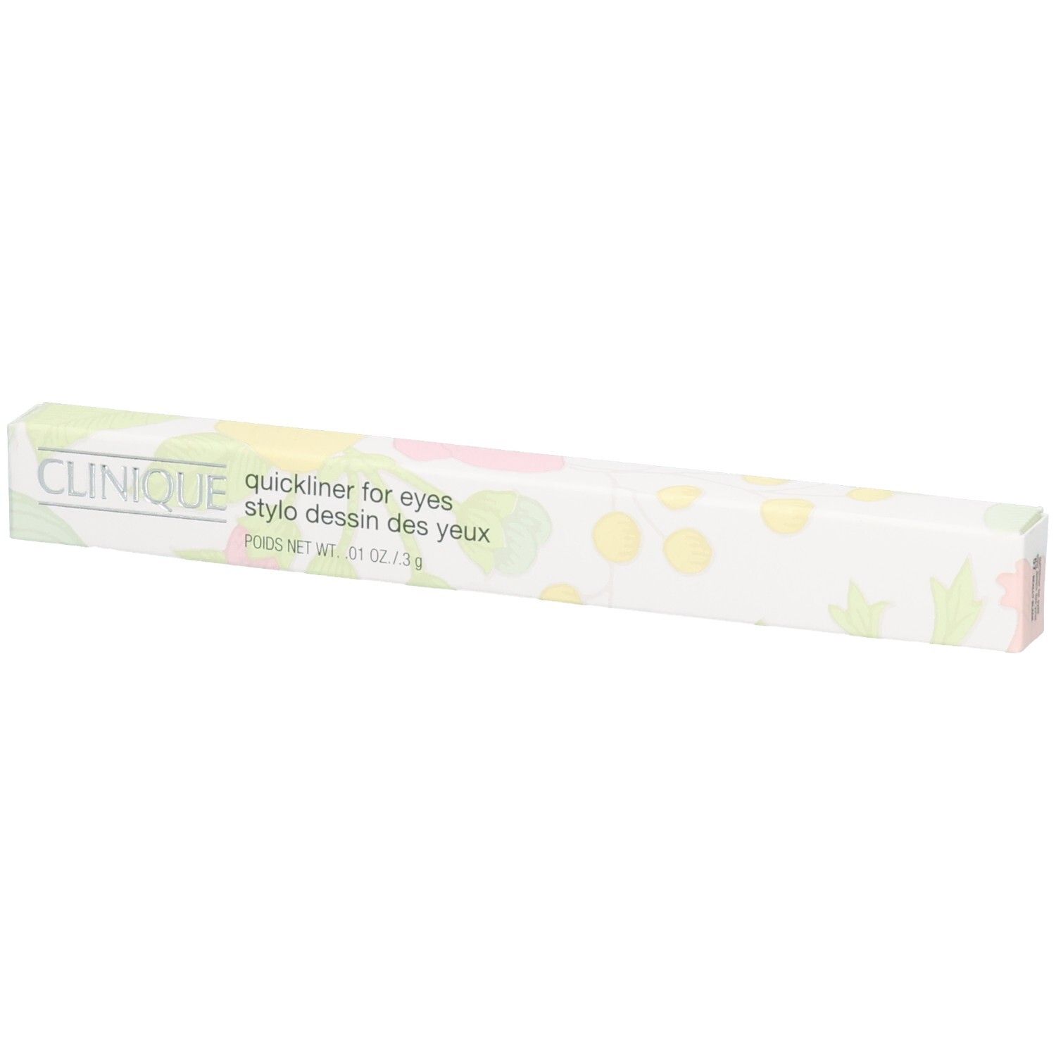Clinique Quickliner for Eyes eyeliner verpakking, zwart, met bloemenpatroon.