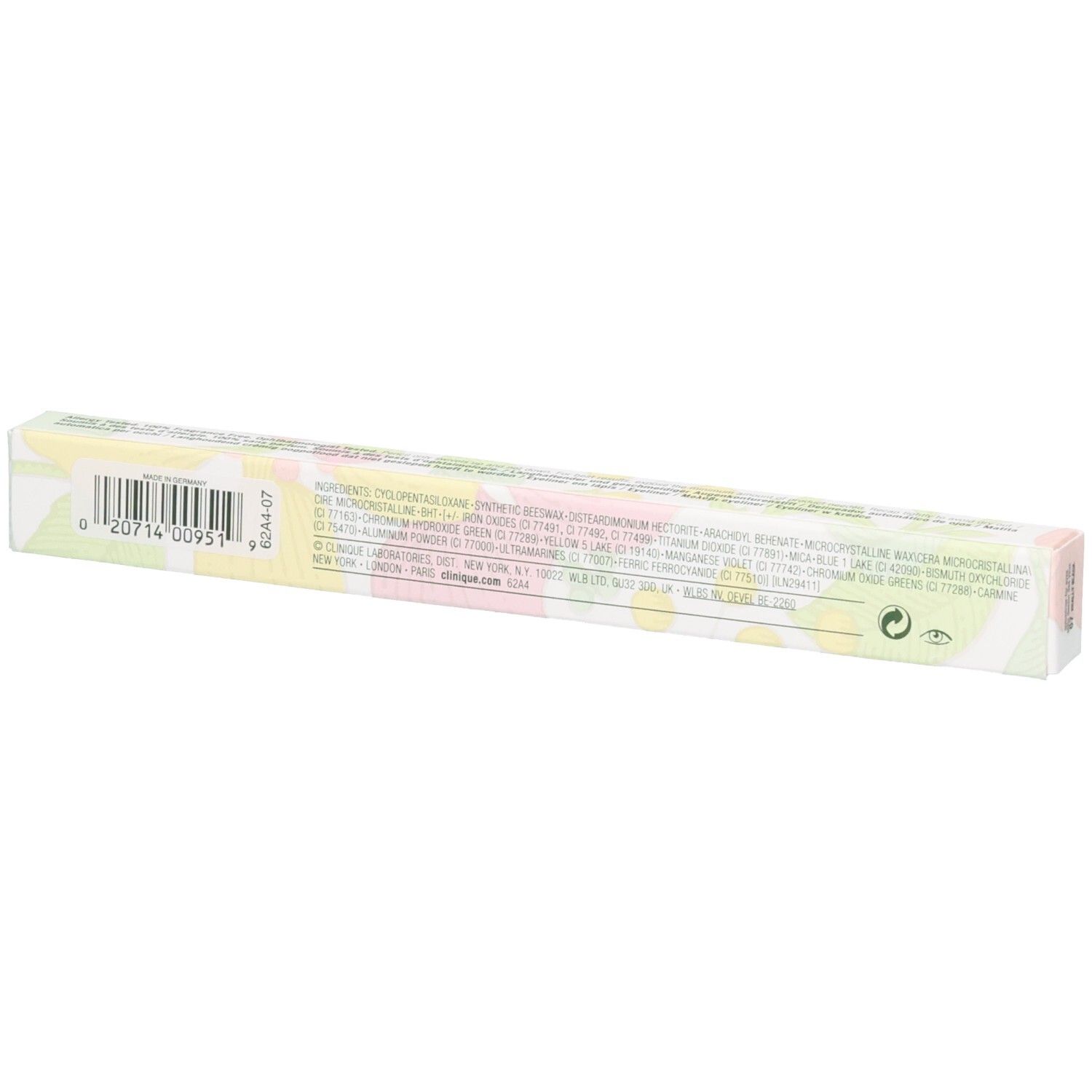 Achterkant van de Clinique Quickliner for Eyes eyeliner verpakking met ingrediënten.