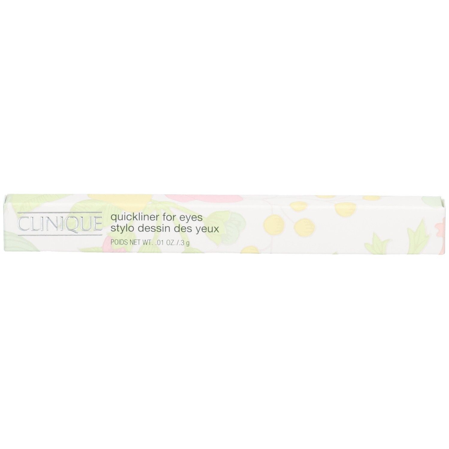 Clinique Quickliner for Eyes eyeliner verpakking, zwart, met bloemenpatroon.