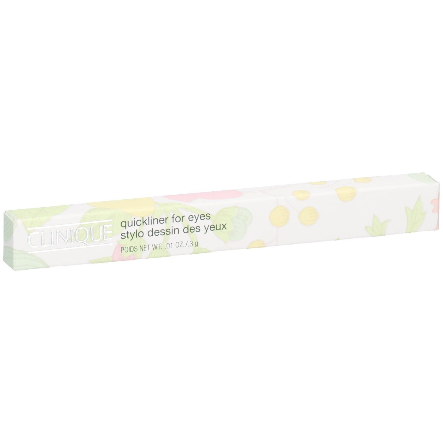 Clinique Quickliner for Eyes eyeliner verpakking, zwart, met bloemenpatroon.
