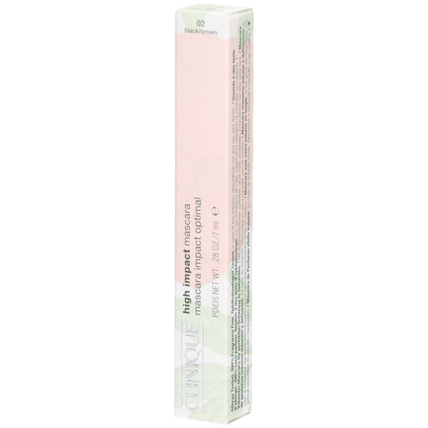 Emballage long et étroit. Inscription "02 black/brown". Inscription: high impact mascara, Clinique. Contenu: 7 ml.