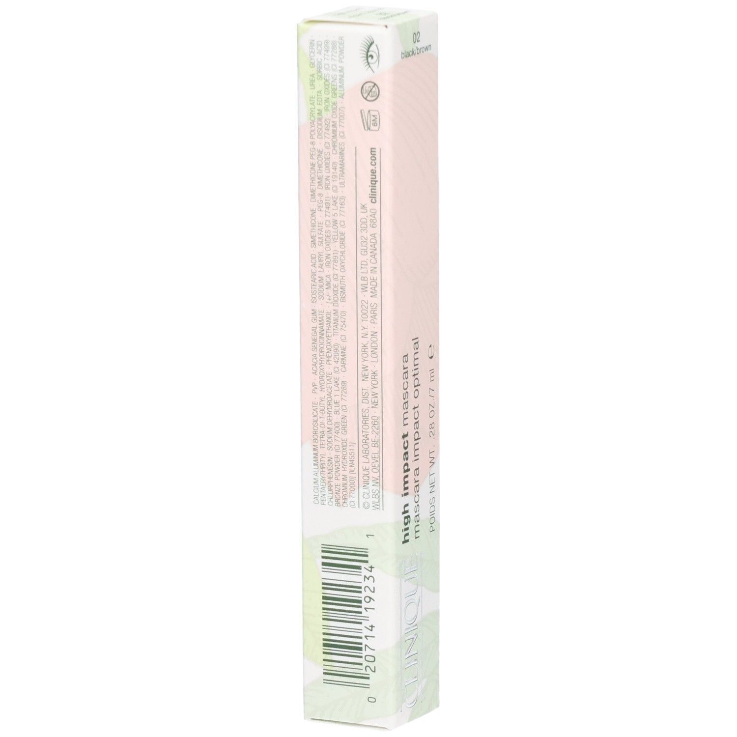 Dos de l'emballage. Code-barres et texte. Inscription: high impact mascara, mascara impact optimal. Clinique.