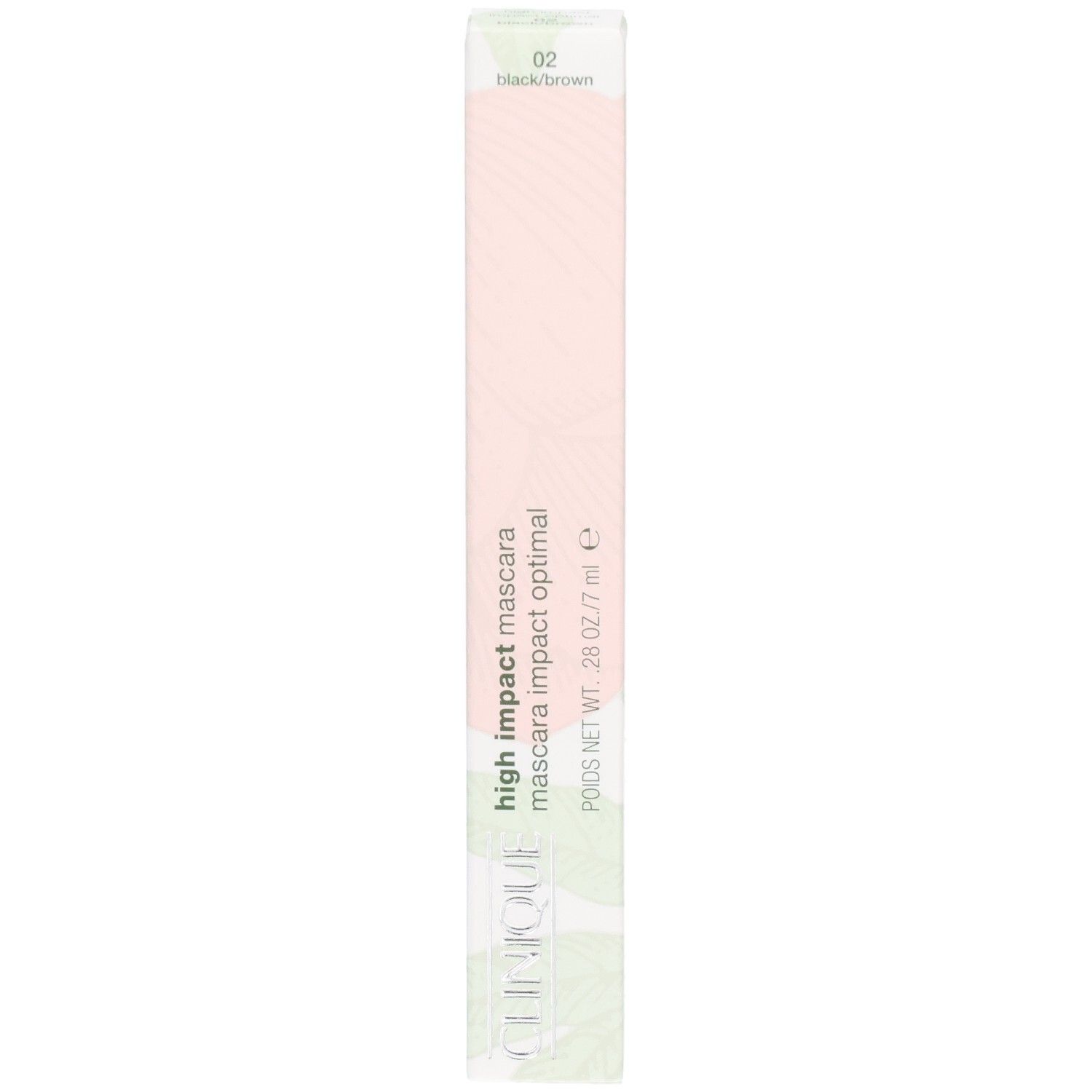Emballage long et étroit. Inscription "02 black/brown". Inscription: high impact mascara, Clinique. Contenu: 7 ml.