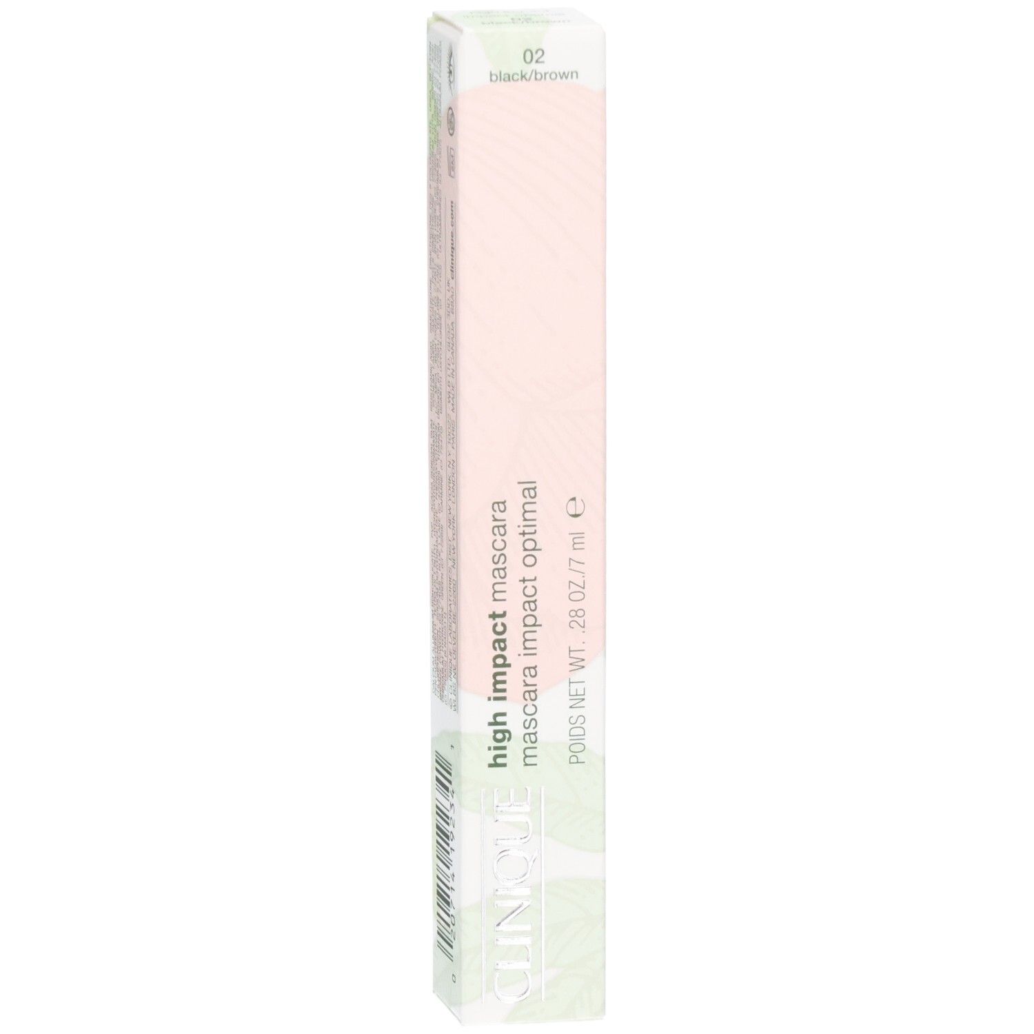 Emballage long et étroit. Inscription "02 black/brown". Inscription: high impact mascara, Clinique. Contenu: 7 ml.