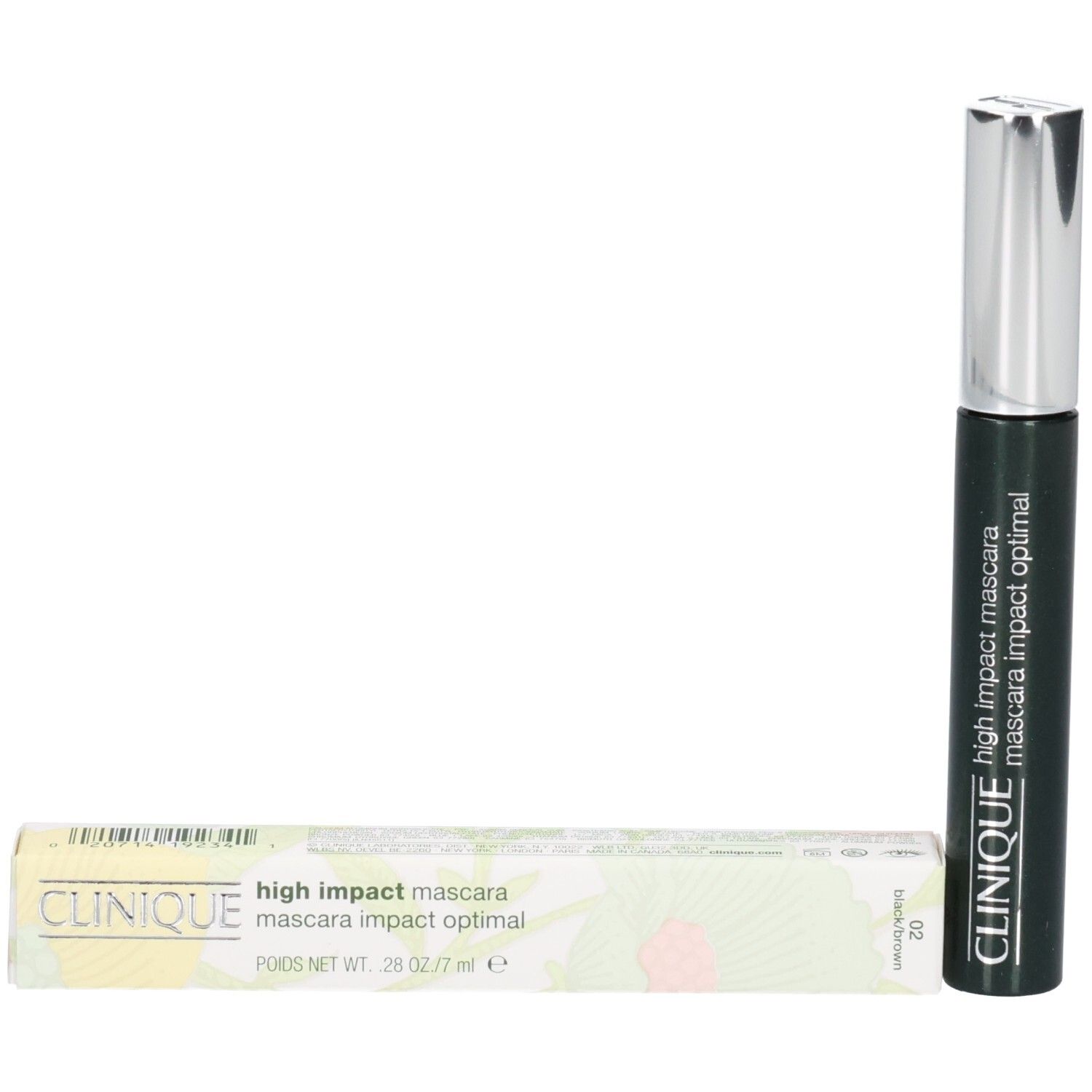 Mascara Clinique High Impact, tube vert foncé avec capuchon argenté.
