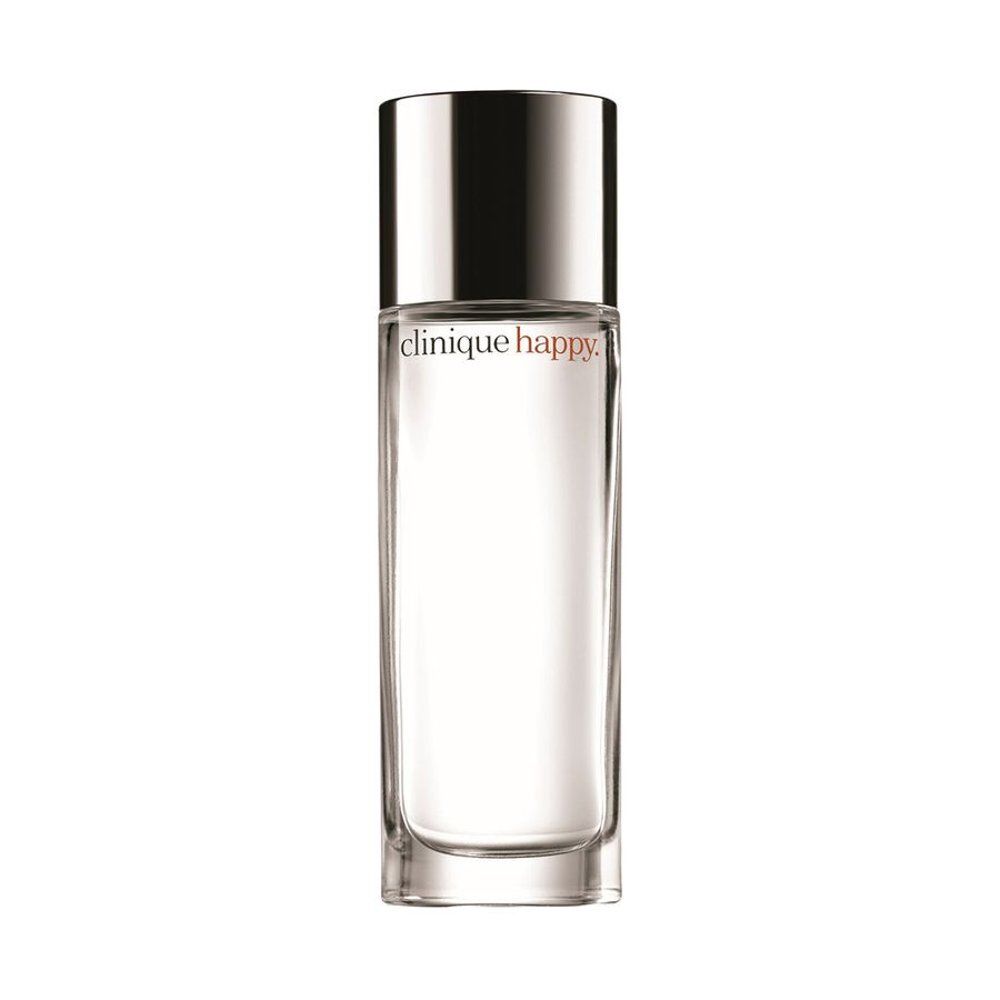 Flacon transparent avec bouchon argenté. Inscription "clinique happy".