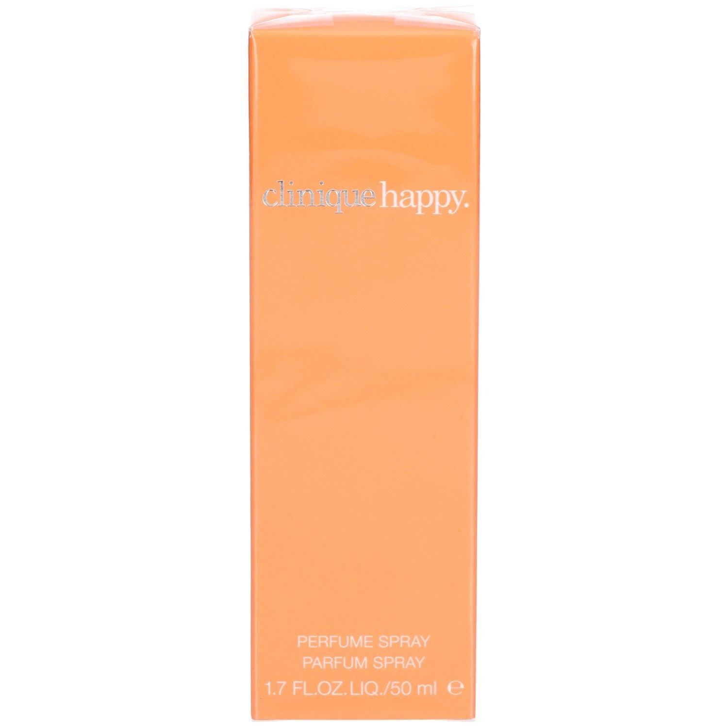 Boîte orange avec "clinique happy". Texte: Parfum Spray, 1.7 fl.oz. LIQ./50 ml e.