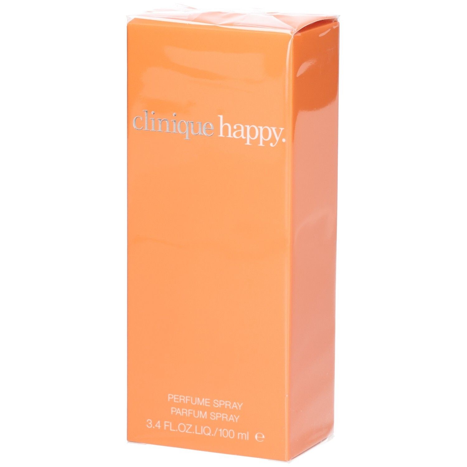 Boîte orange avec texte argenté "clinique happy". En bas, "PERFUME SPRAY".