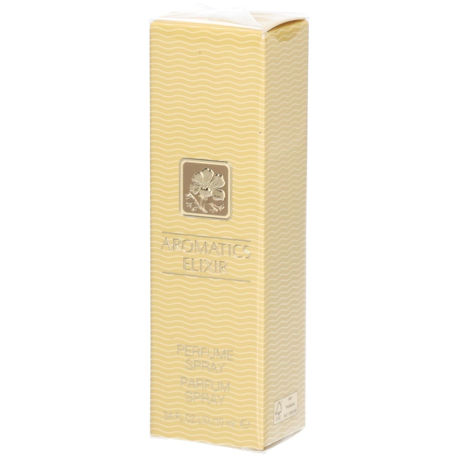 Beige parfum spray verpakking. Opschrift: Aromatics Elixir, Parfum Spray. Bloemenlogo. Transparante folie bovenop.