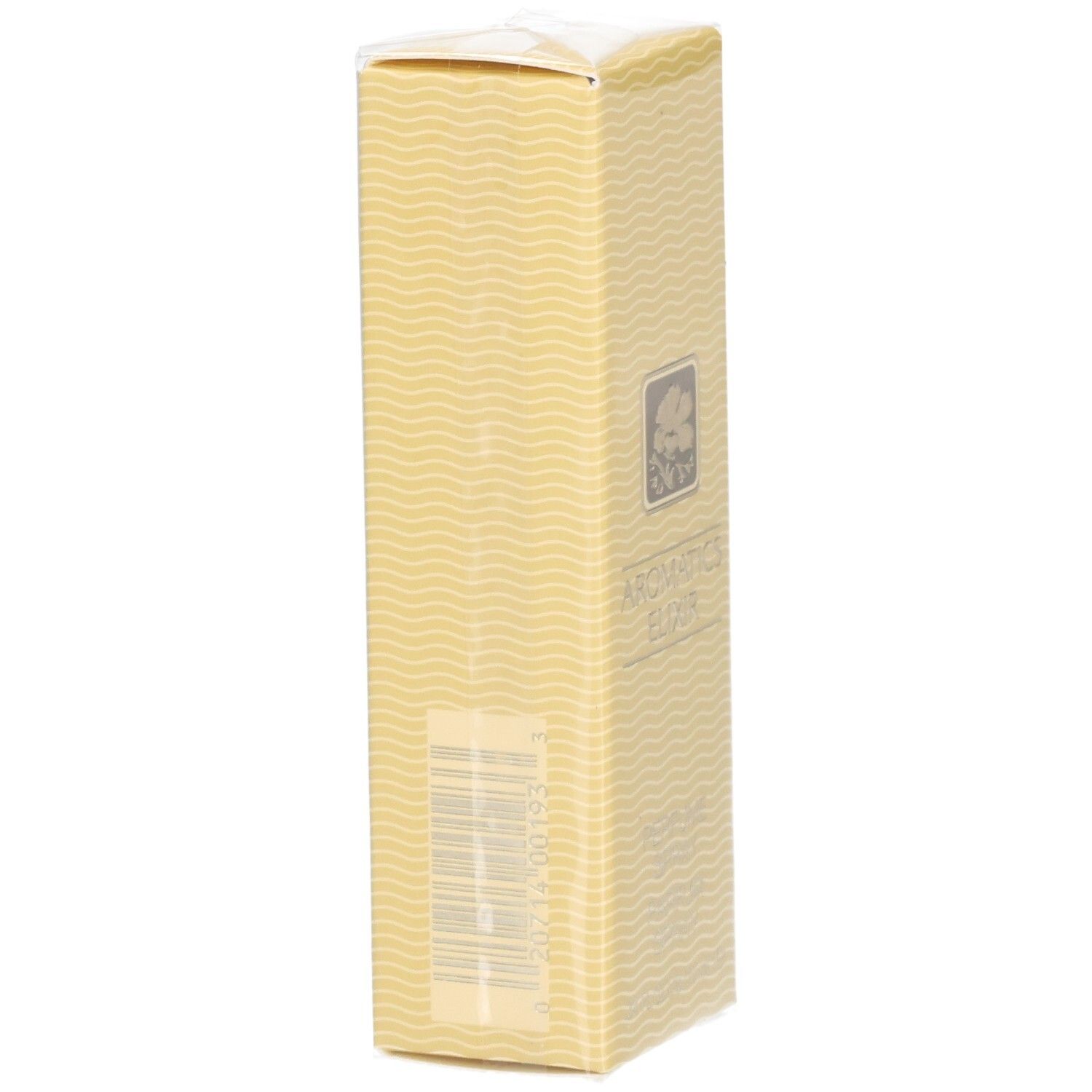 Beige parfum spray verpakking. Golfpatroon. Streepjescode op de achterkant. Transparante folie bovenop.