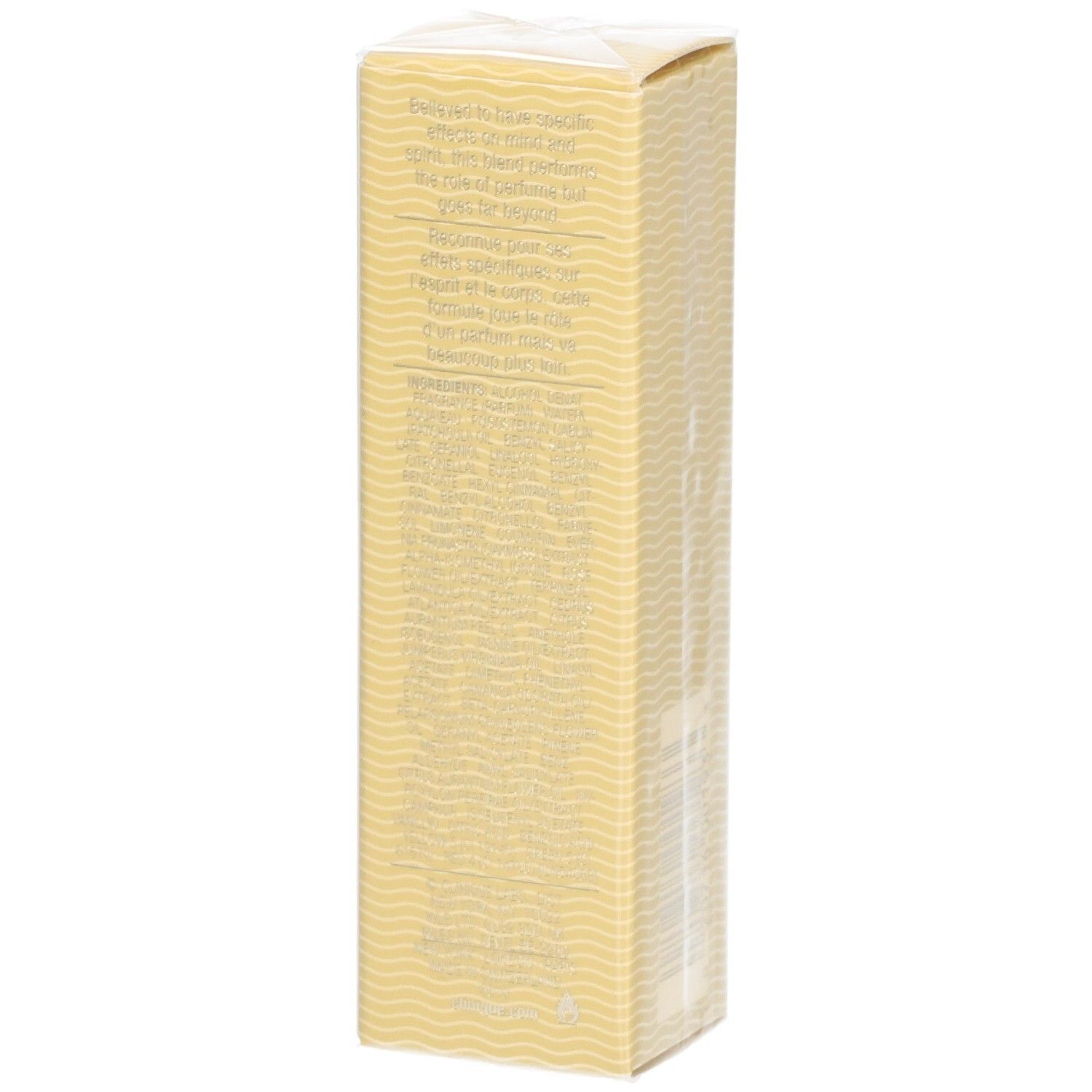 Beige parfum spray verpakking. Tekst op de achterkant. Golfpatroon. Transparante folie bovenop.