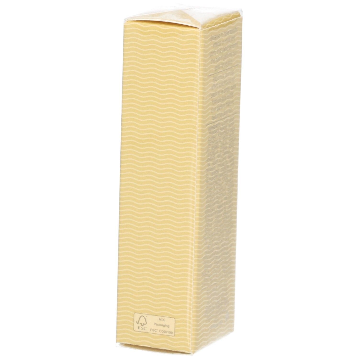 Beige parfum spray verpakking. Golfpatroon. FSC-logo. Transparante folie bovenop.