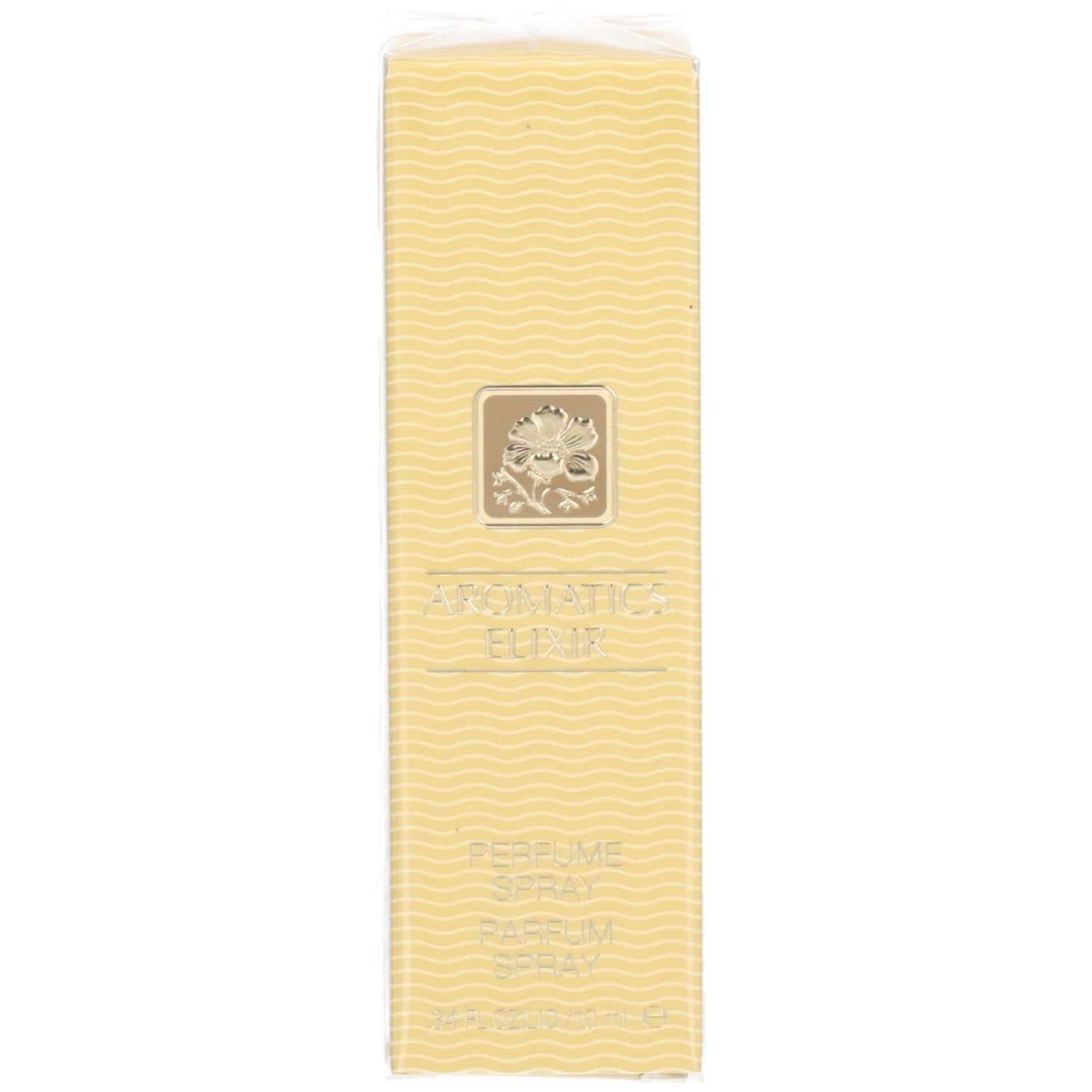 Beige parfum spray verpakking. Opschrift: Aromatics Elixir, Parfum Spray. Bloemenlogo. Transparante folie bovenop.