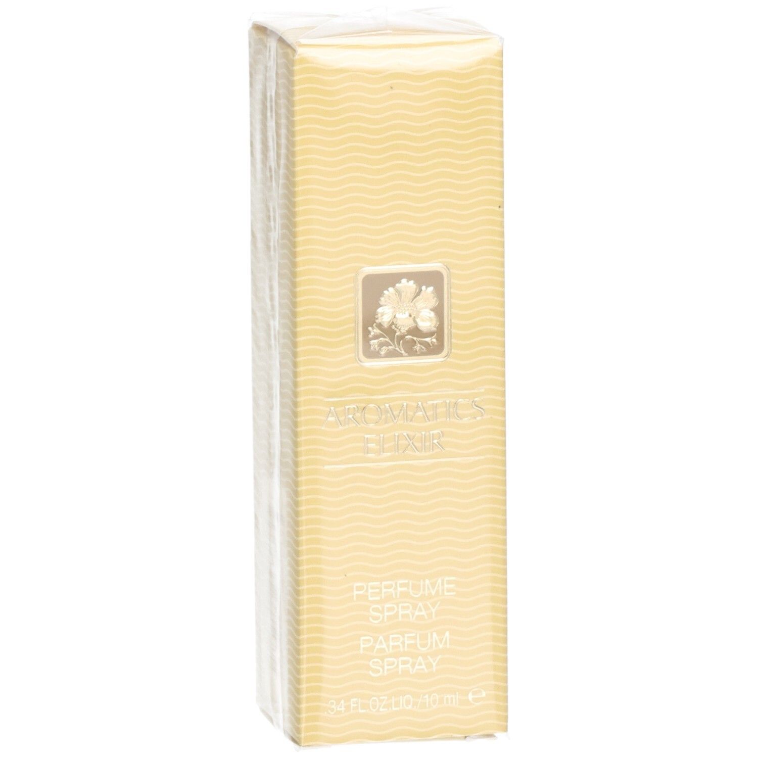 Beige parfum spray verpakking. Opschrift: Aromatics Elixir, Parfum Spray. Bloemenlogo. Transparante folie bovenop.