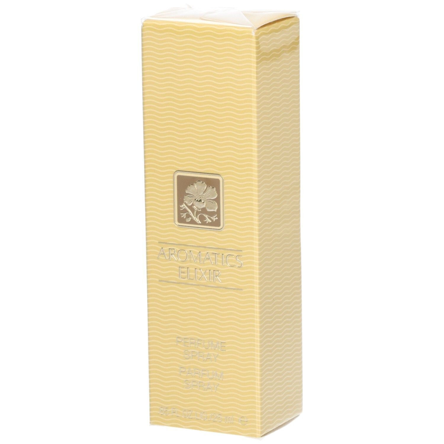 Gele rechthoekige doos met golfpatroon. Opschrift: Aromatics Elixir, Parfum Spray. Bloemenlogo.
