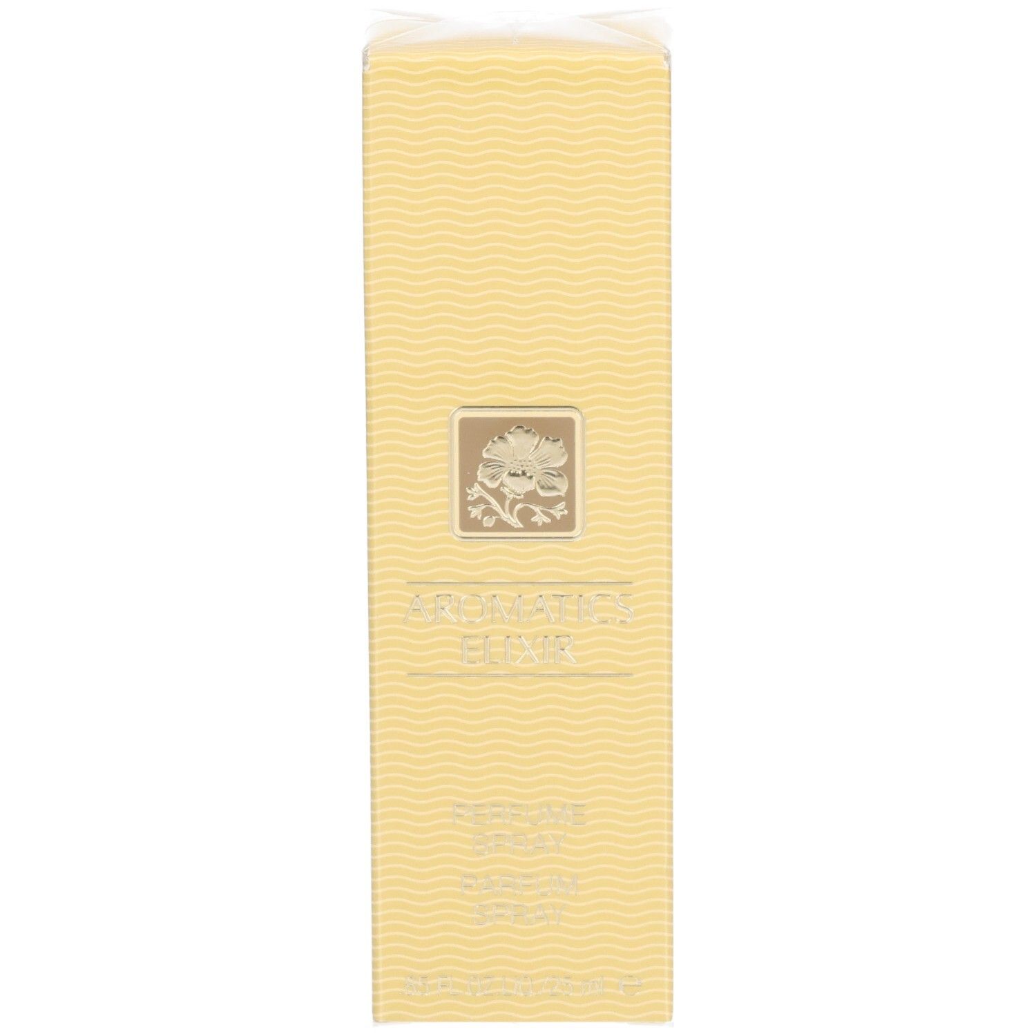Gele rechthoekige doos met golfpatroon. Opschrift: Aromatics Elixir, Parfum Spray. Bloemenlogo.
