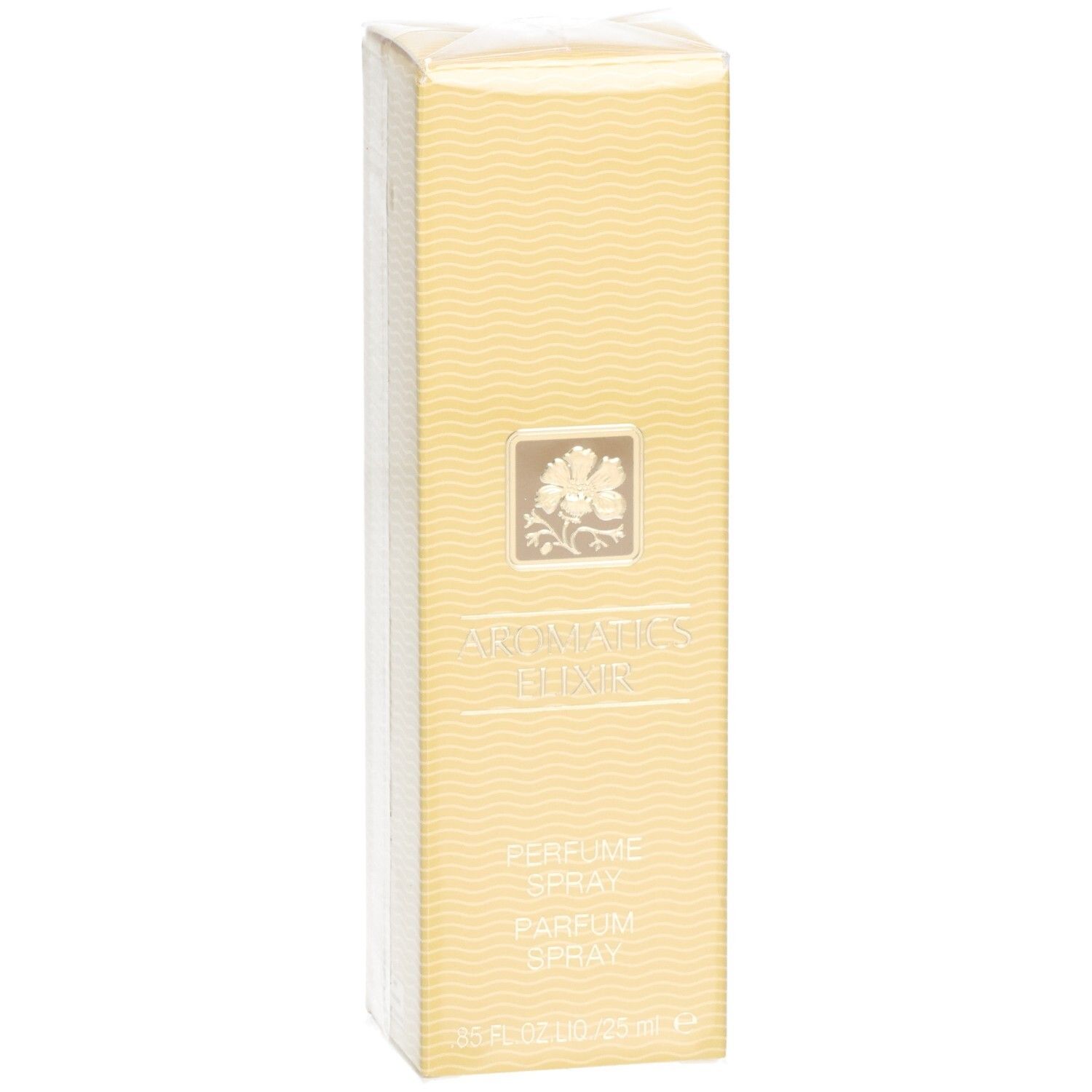 Gele rechthoekige doos met golfpatroon. Opschrift: Aromatics Elixir, Parfum Spray. Bloemenlogo. 25 ml.