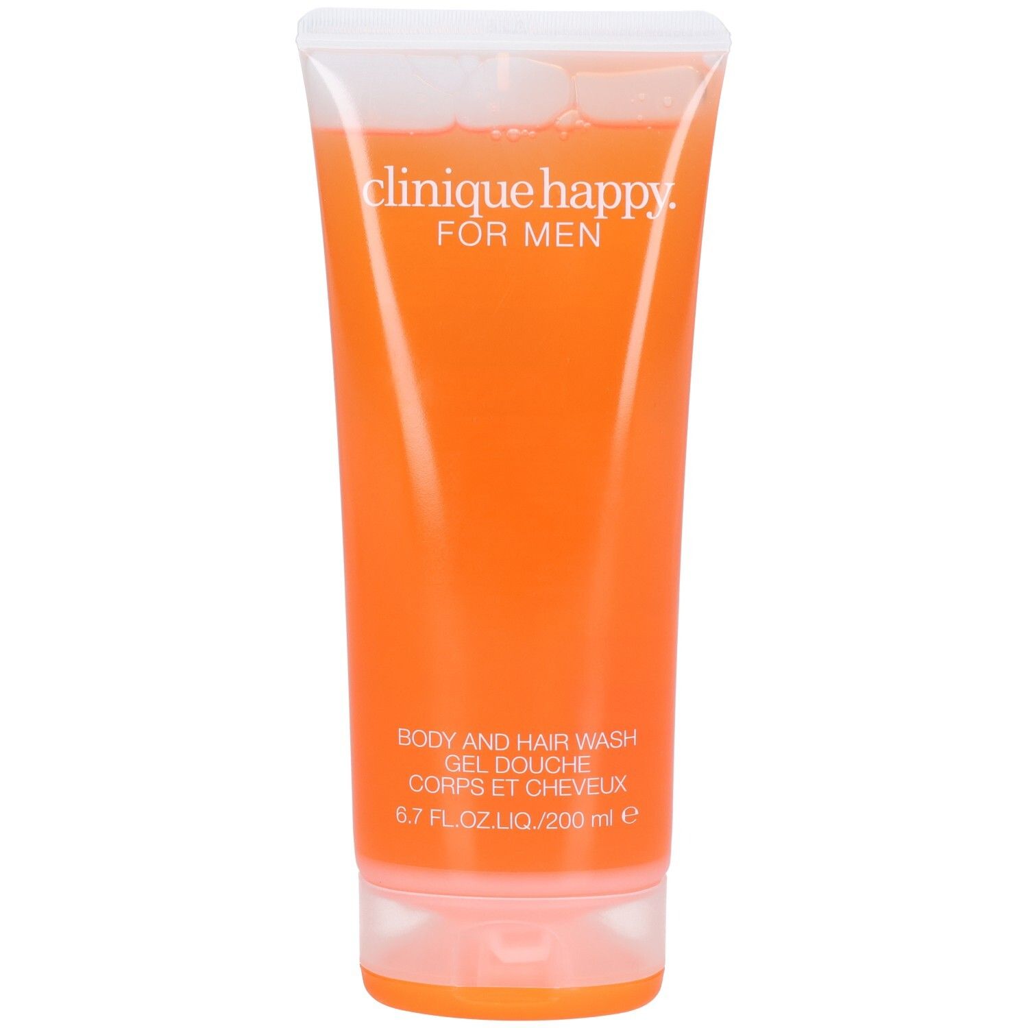 Transparante tube met oranje douchegel. Opschrift: Clinique Happy For Men. Tekst: Body and Hair Wash, Gel douche Corps et Cheveux.