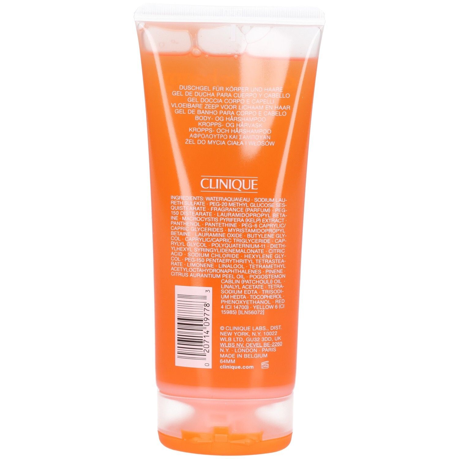 Achterkant van een tube douchegel. Bevat tekst in meerdere talen en ingrediënten. Merk: Clinique. Kleur: Oranje.