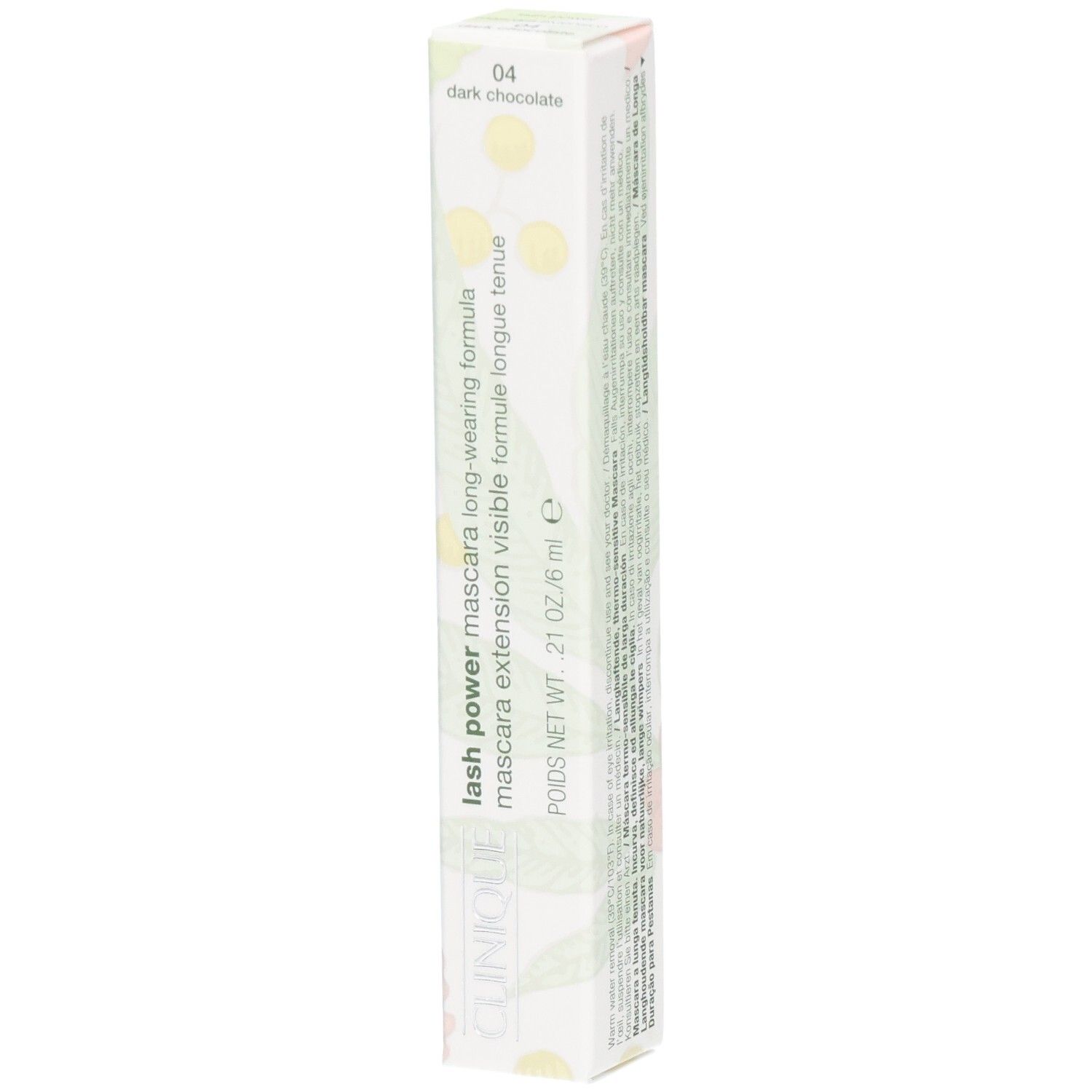 Clinique Lash Power Mascara verpakking. Wit, langwerpig, met productnaam en tint. 04 dark chocolate.