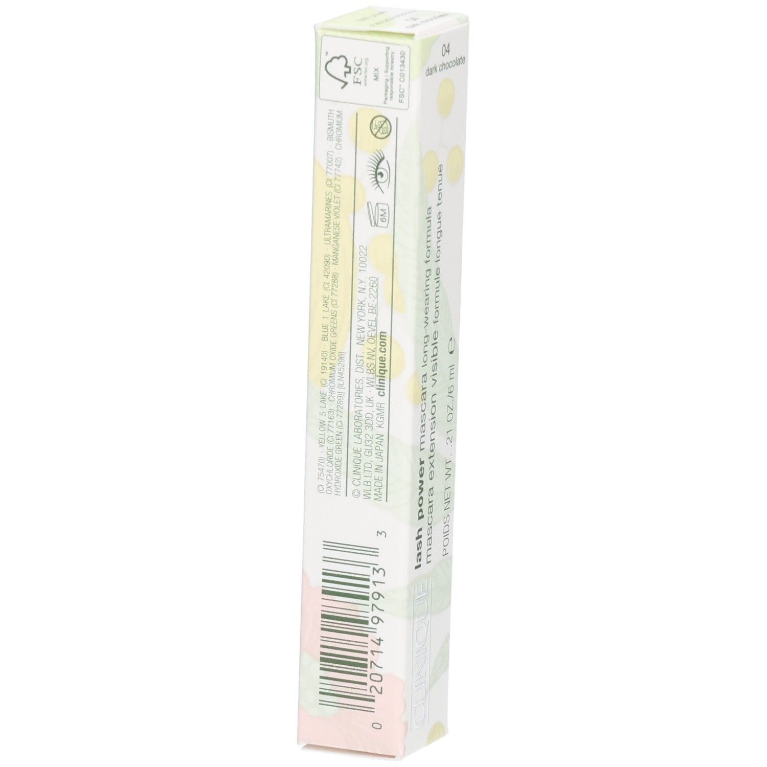 Achterkant Clinique Lash Power Mascara verpakking. Meertalige tekst, FSC-logo, barcode.