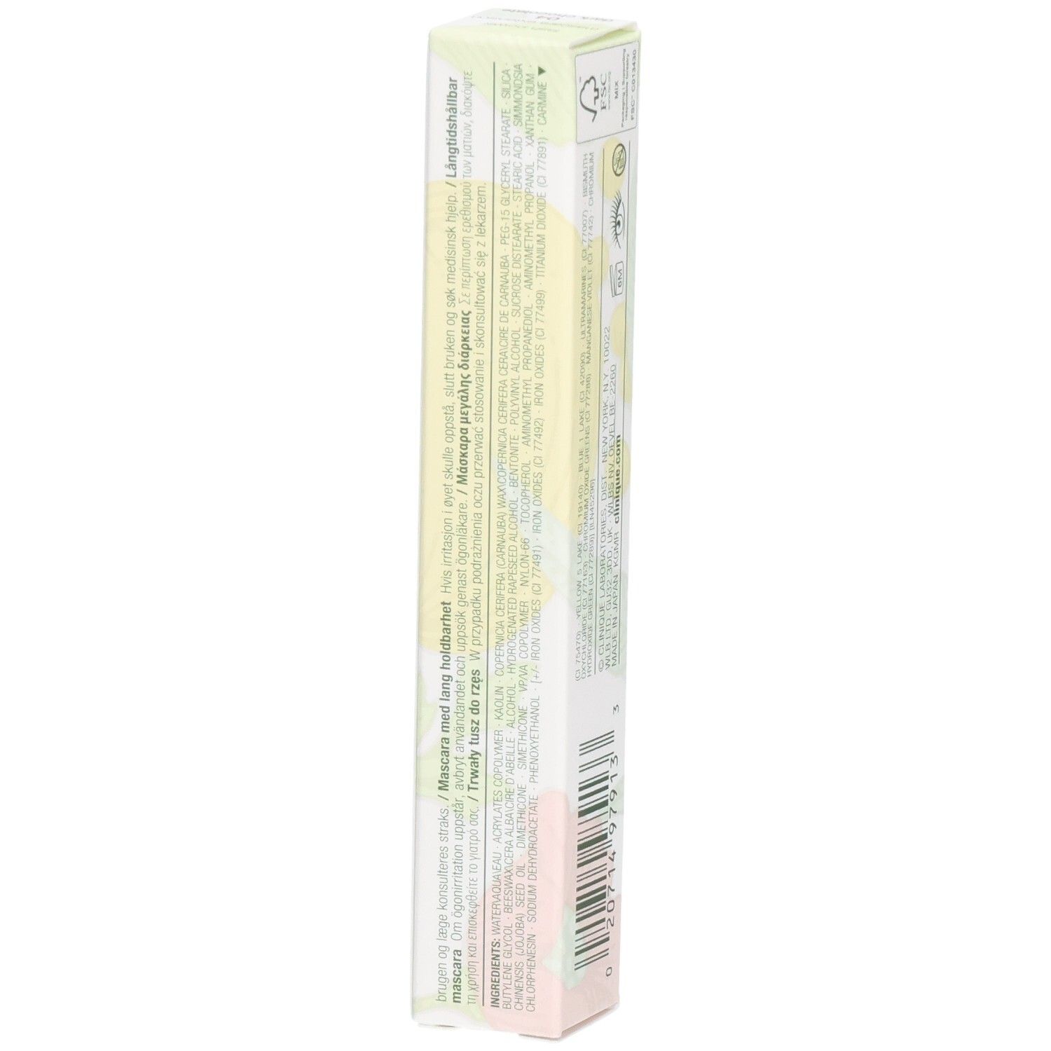 Zijkant Clinique Lash Power Mascara verpakking. Meertalige tekst, ingrediënten.