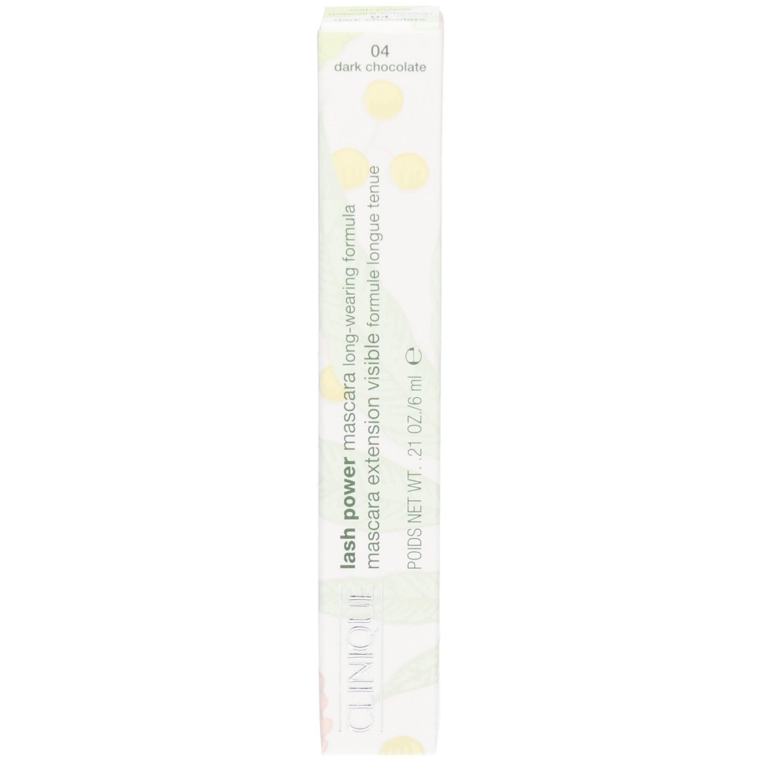 Clinique Lash Power Mascara verpakking. Wit, langwerpig, met productnaam en tint. 04 dark chocolate.