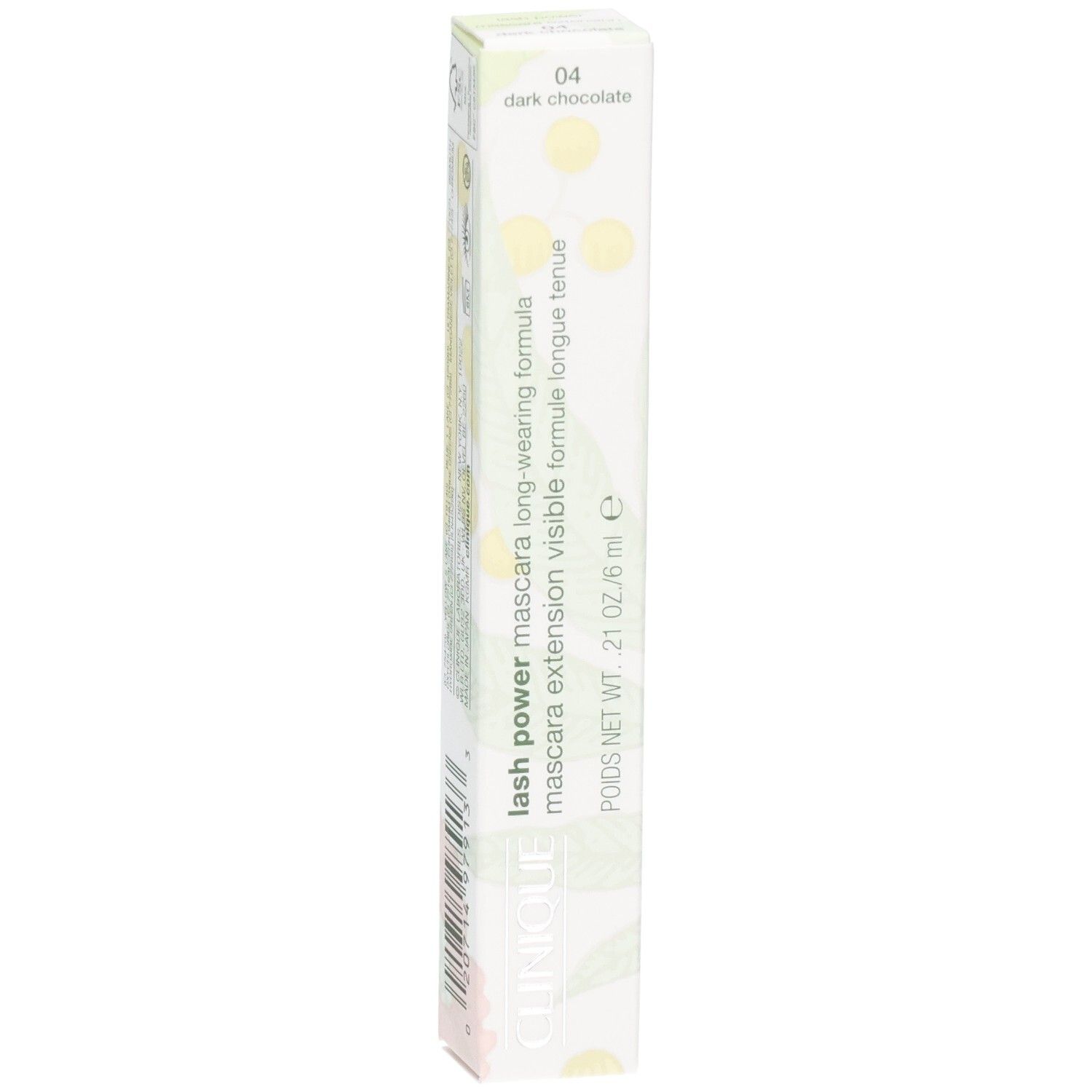 Clinique Lash Power Mascara verpakking. Wit, langwerpig, met productnaam en tint. 04 dark chocolate.