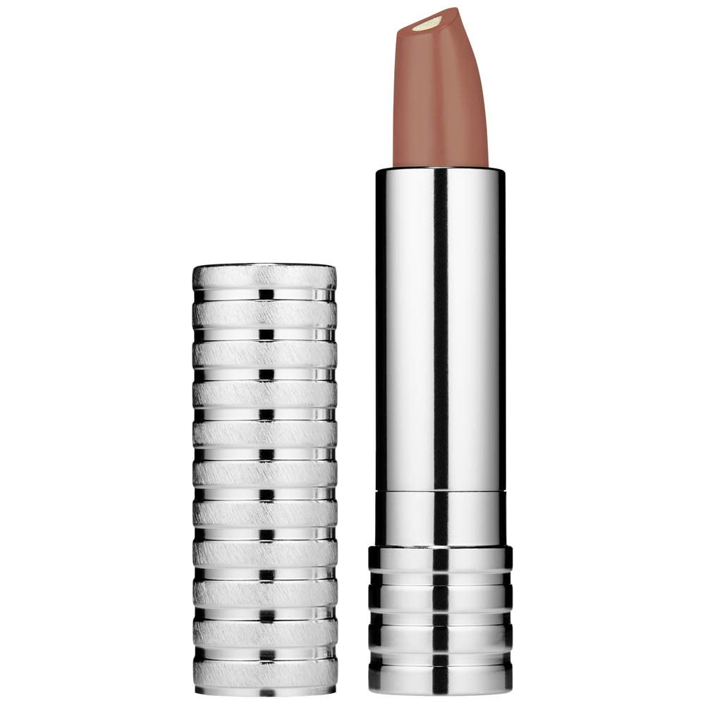 Zilveren lippenstift met zilveren dop. De lippenstift is lichtbruin van kleur.